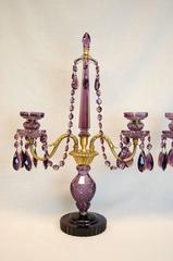 Pair of Amethyst Glass Two-Arm Candelabra with Matching Drops and Swags