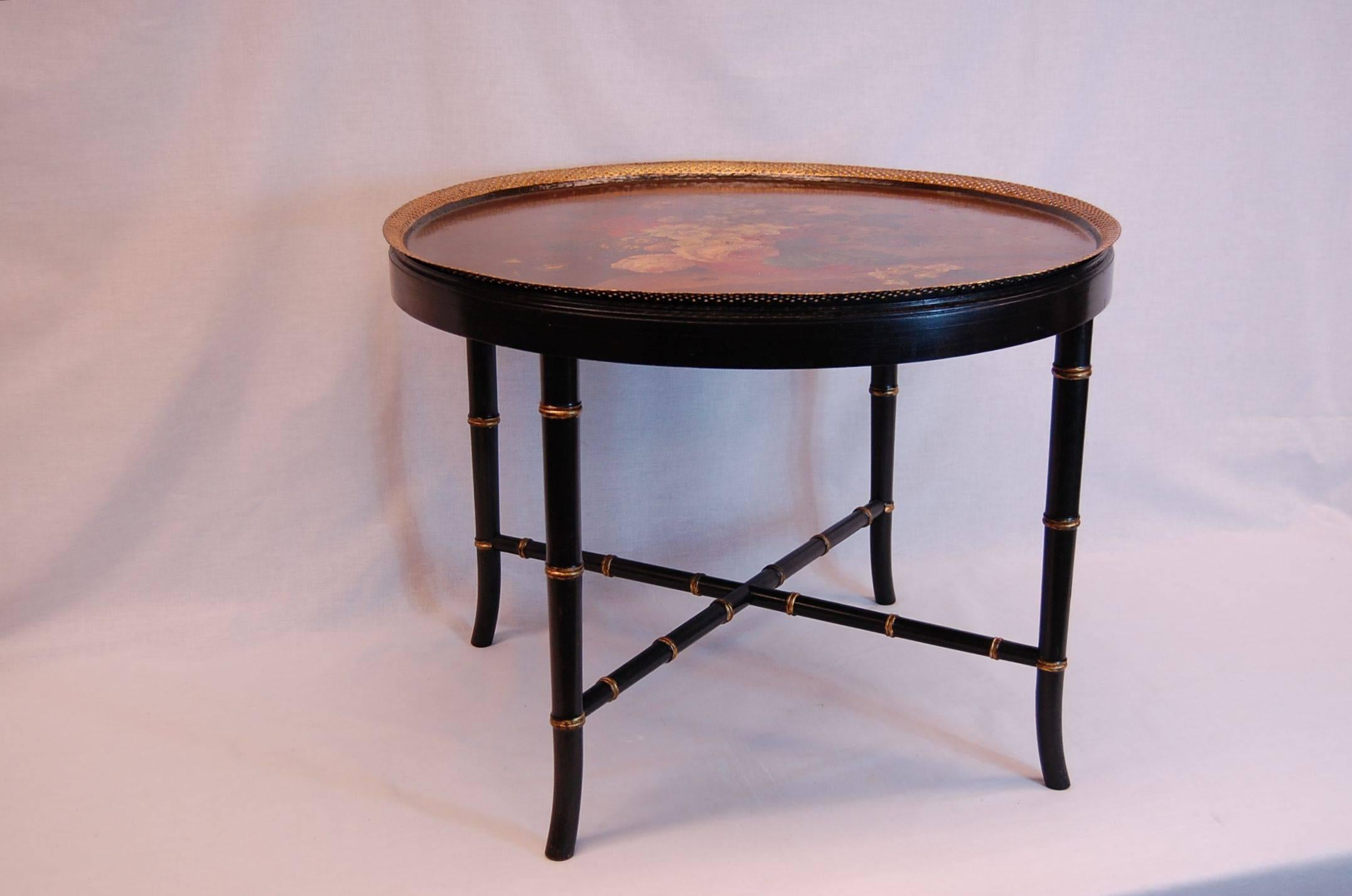Large Floral Painted Circular Tole Tray on Black Lacquered Base, circa 1860 In Excellent Condition In Pittsburgh, PA