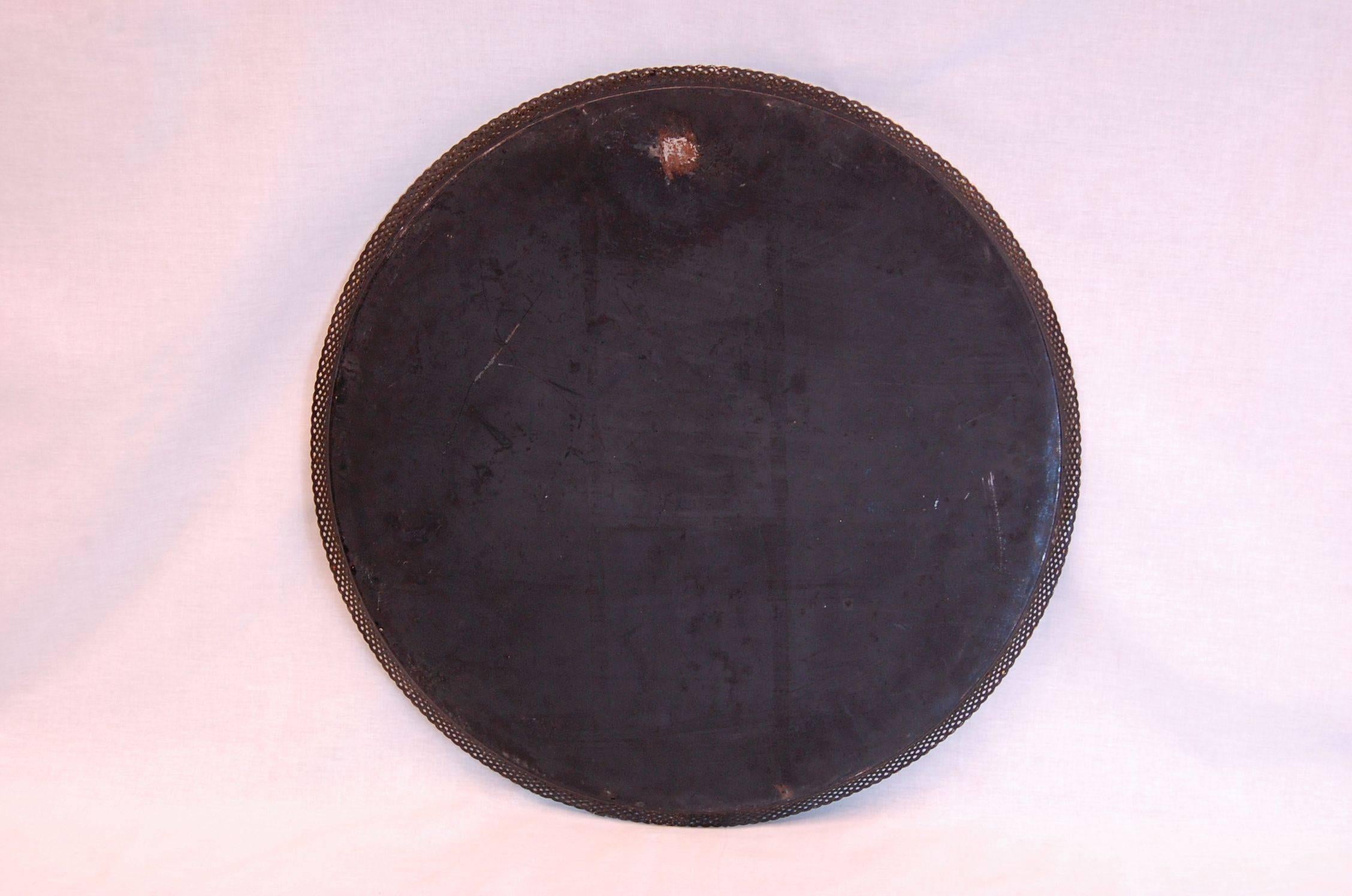 Steel Large Floral Painted Circular Tole Tray on Black Lacquered Base, circa 1860