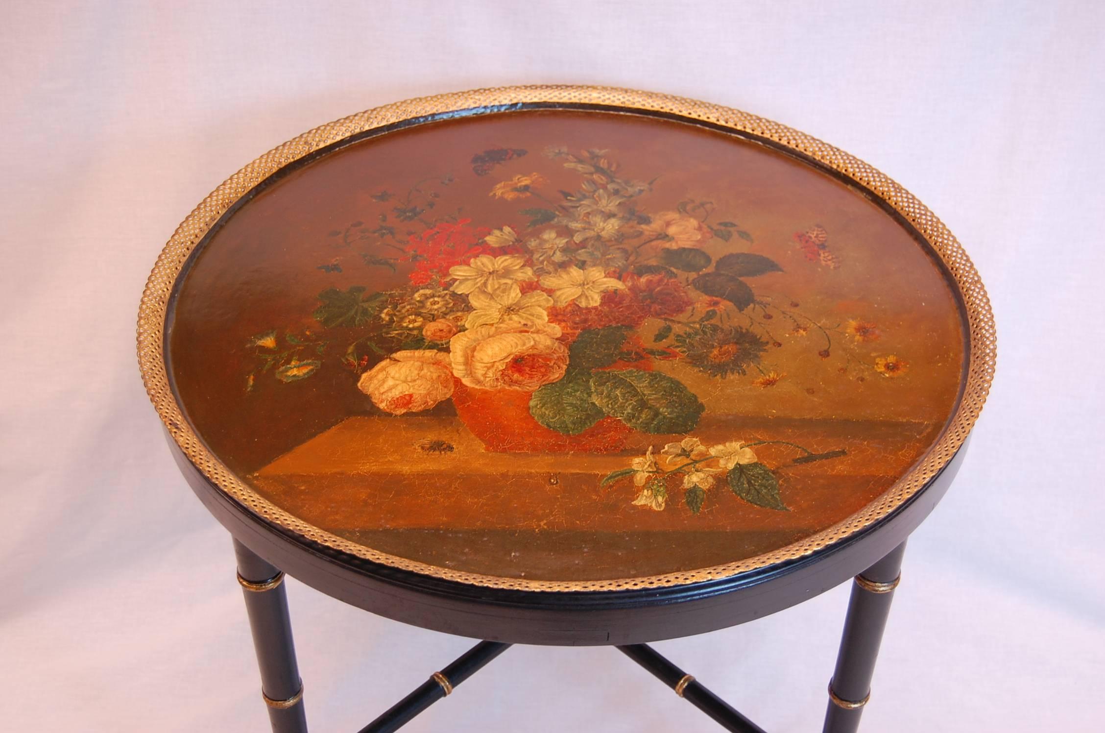 Victorian Large Floral Painted Circular Tole Tray on Black Lacquered Base, circa 1860