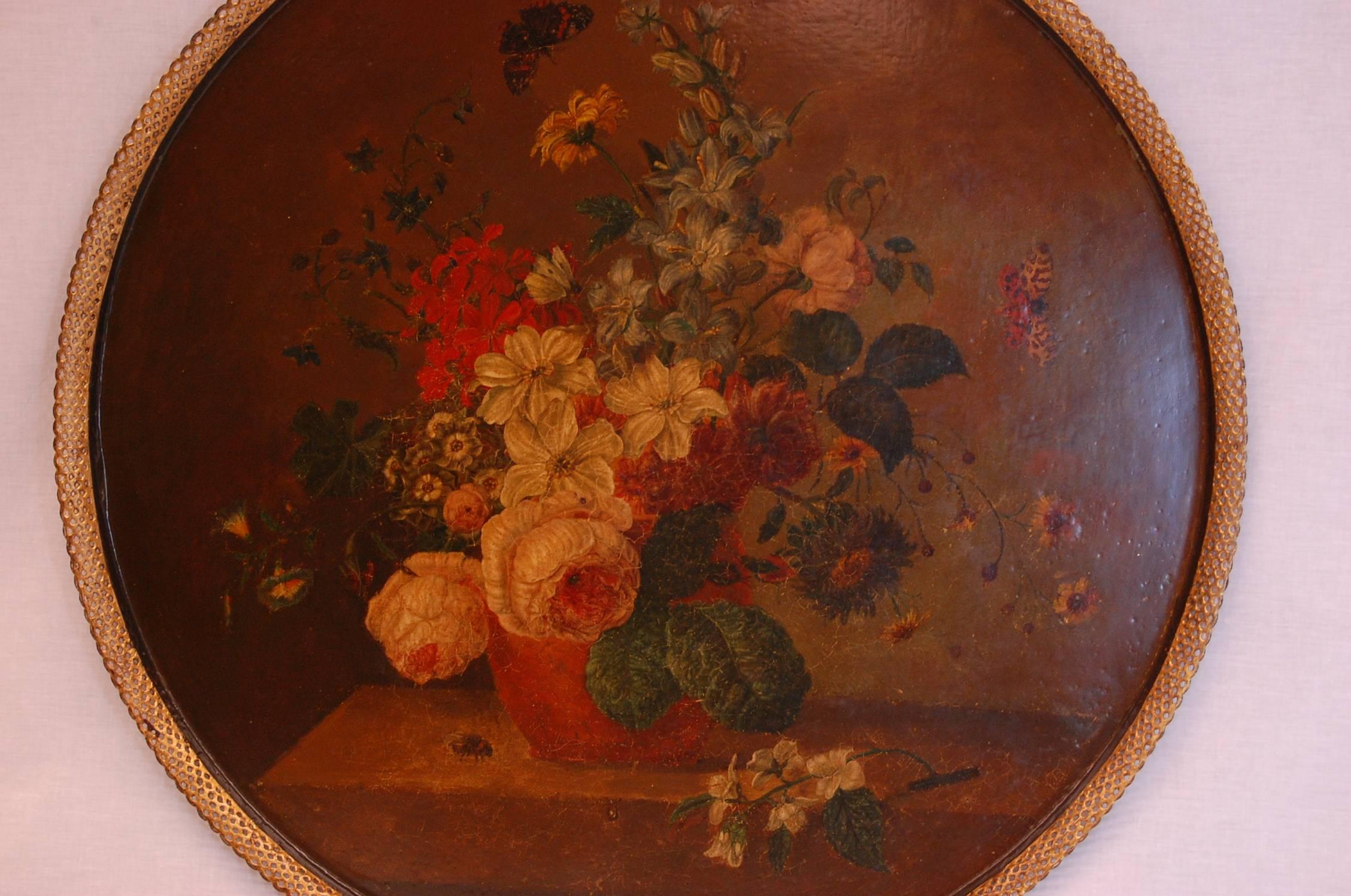 Unknown Large Floral Painted Circular Tole Tray on Black Lacquered Base, circa 1860