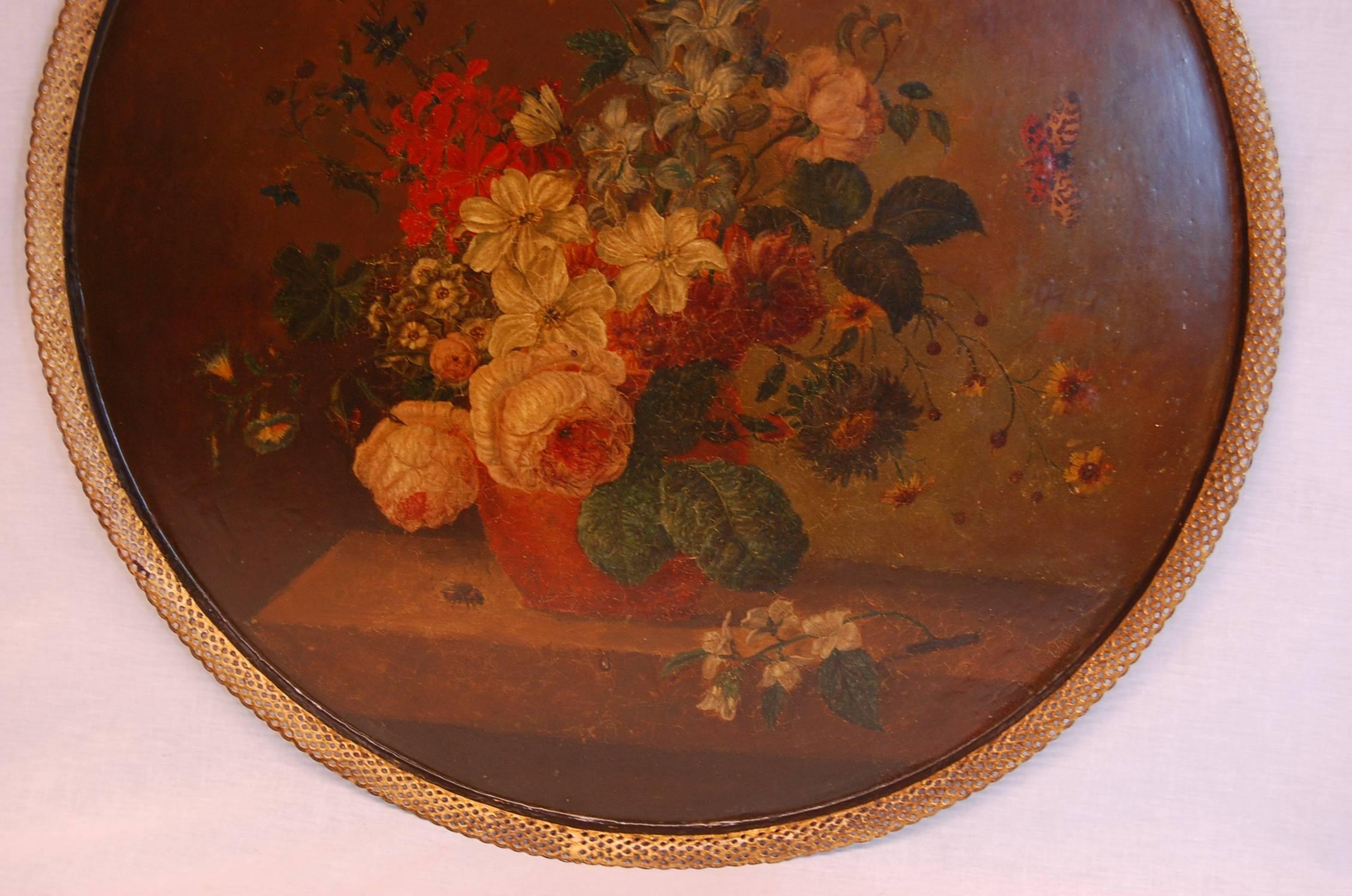 Hand-Painted Large Floral Painted Circular Tole Tray on Black Lacquered Base, circa 1860