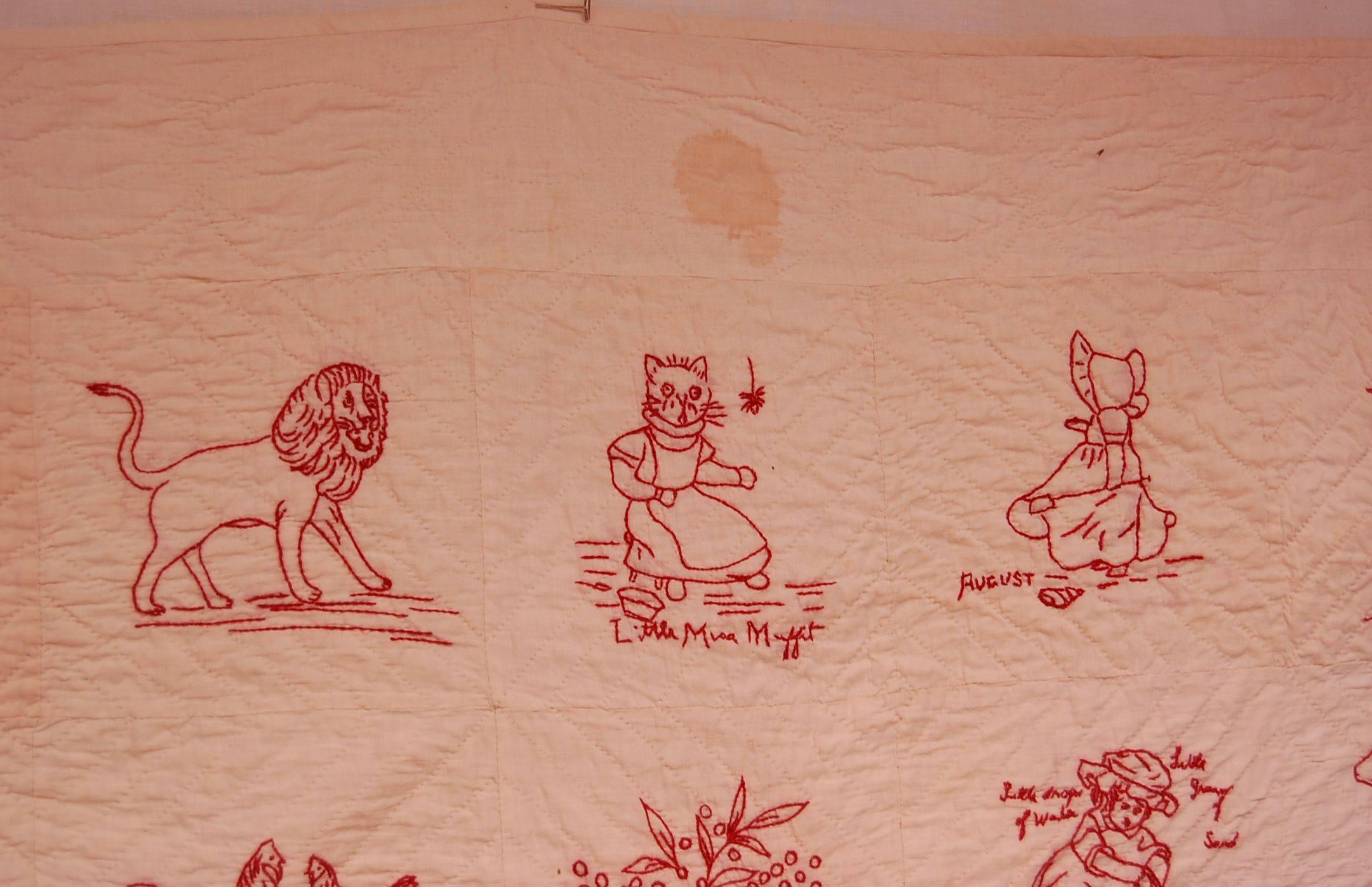 Cotton 1930s Red Work Quilt Cream Background w/ Burgundy Stitching, Homespun Style