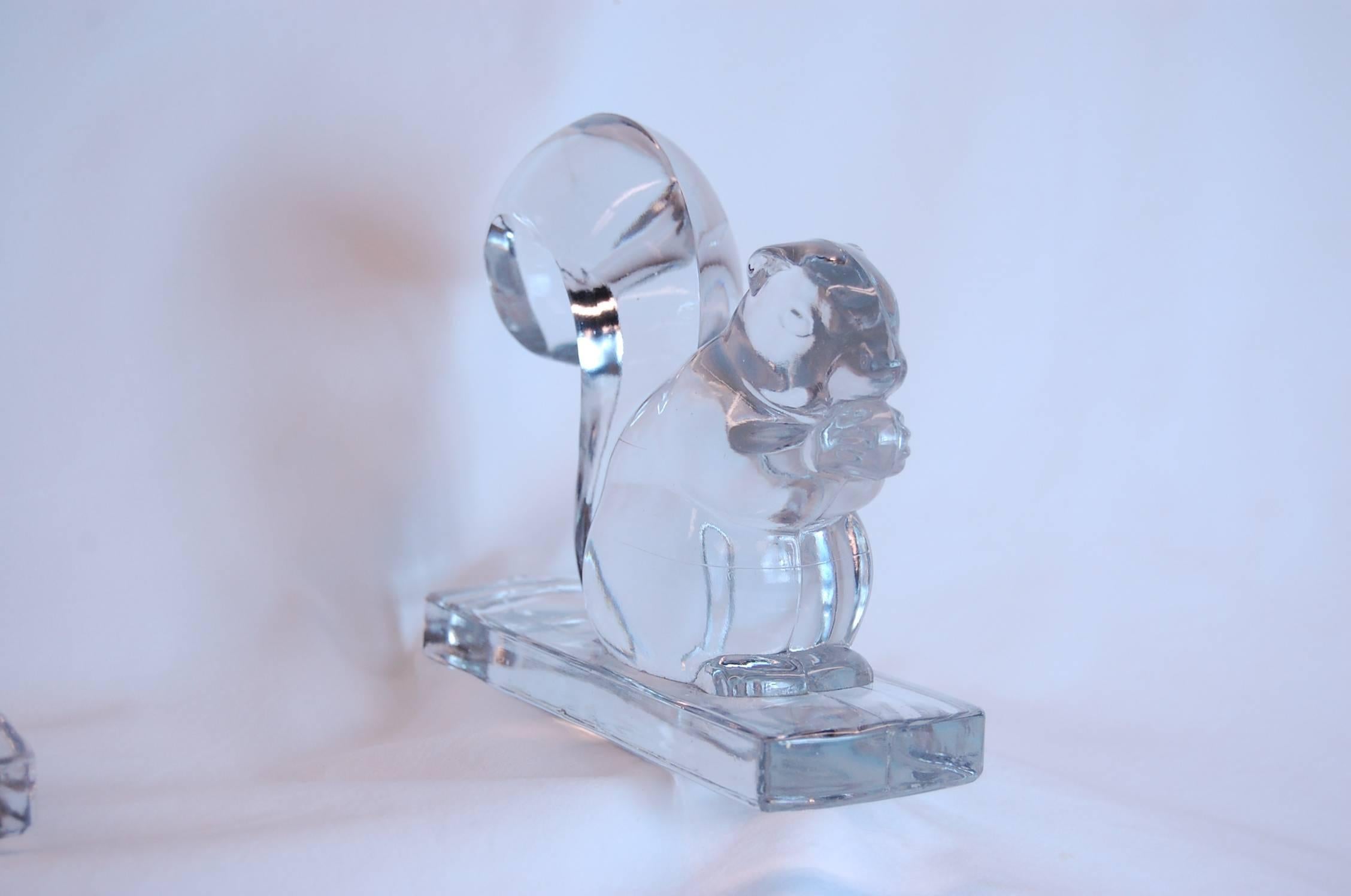 Mid-Century Modern Pair of Czechoslovakian Clear Glass Figures of Squirrels, circa 1950