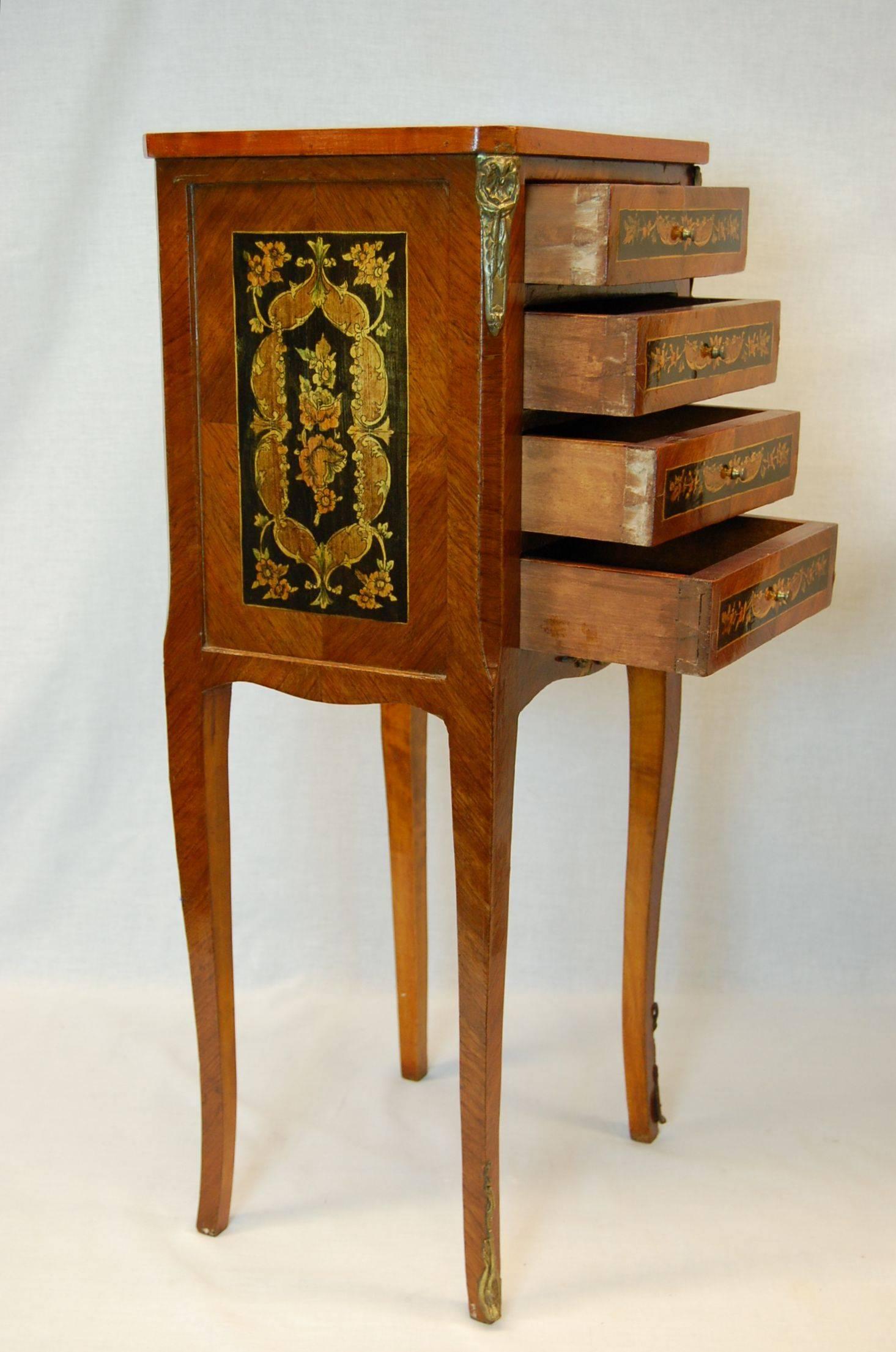 Unknown Pair of Reproduction French Style Inlaid Night Tables with Four Drawers