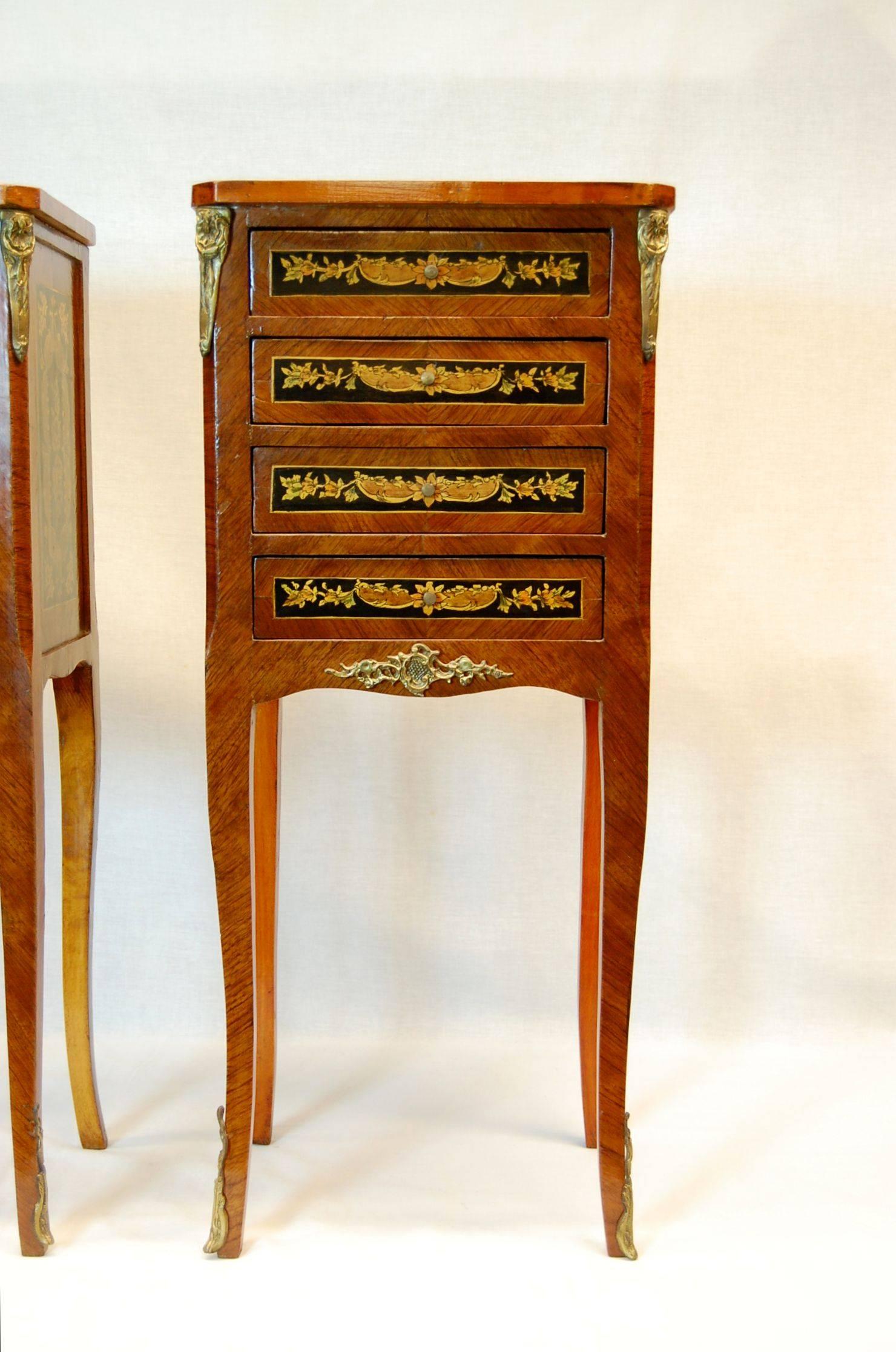 Louis XVI Pair of Reproduction French Style Inlaid Night Tables with Four Drawers