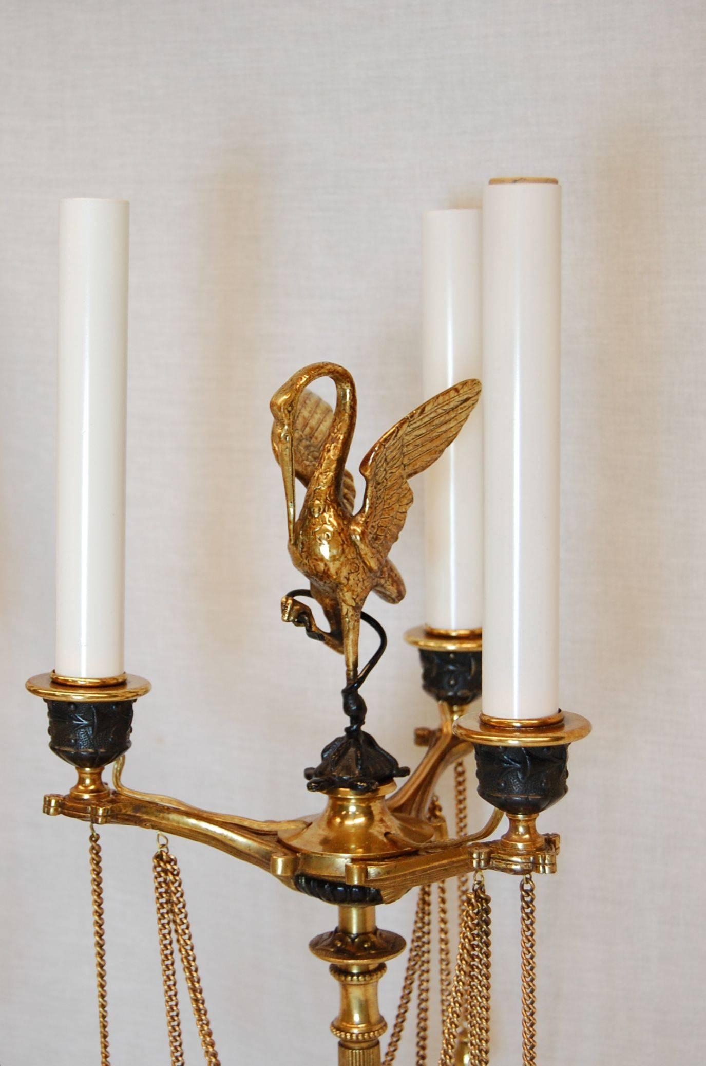 Pair of English Renaissance Revival Style Three-Light Candelabra on Tripod Base In Excellent Condition In Pittsburgh, PA