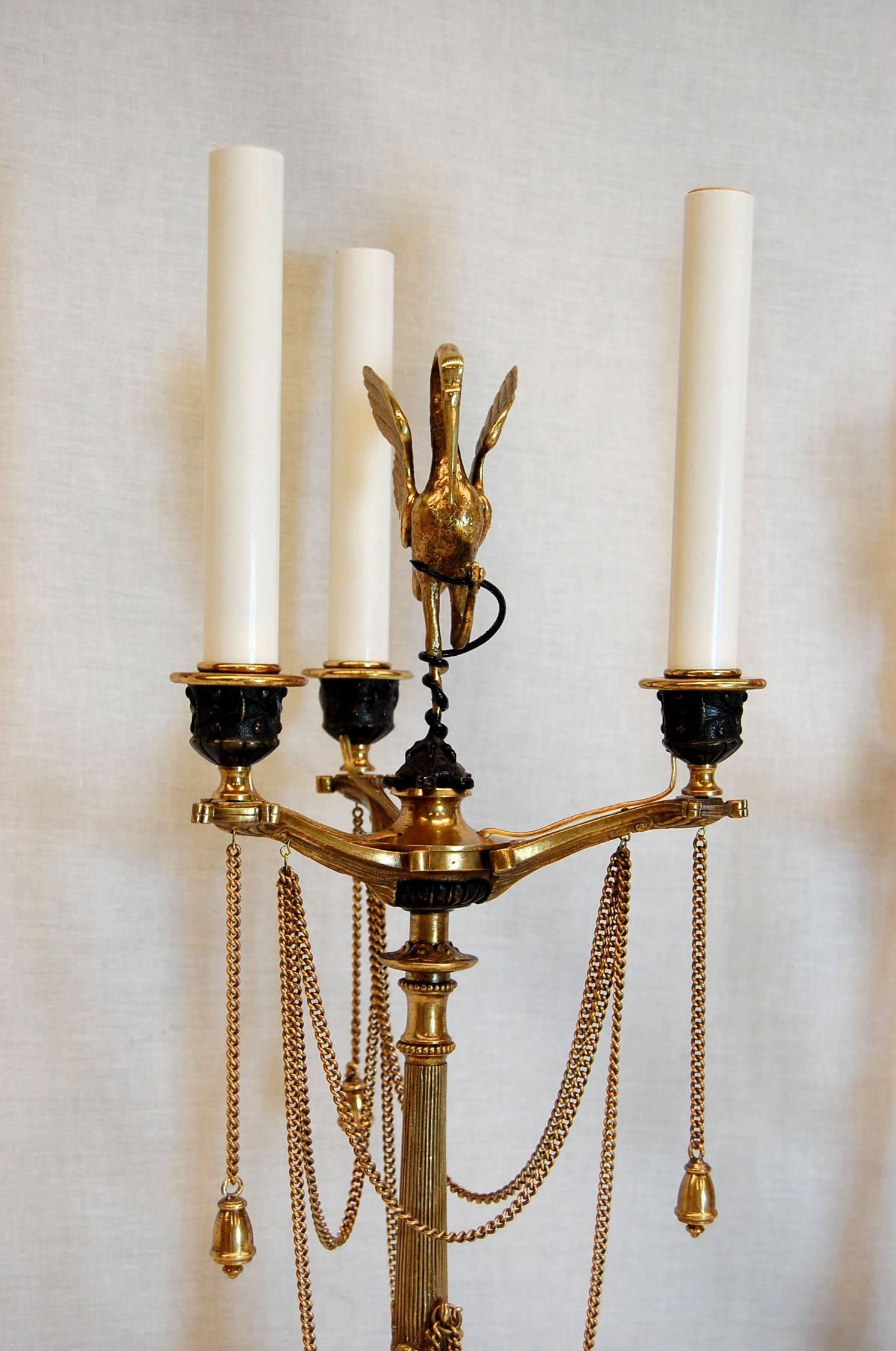 Pair of English Renaissance Revival Style Three-Light Candelabra on Tripod Base 2