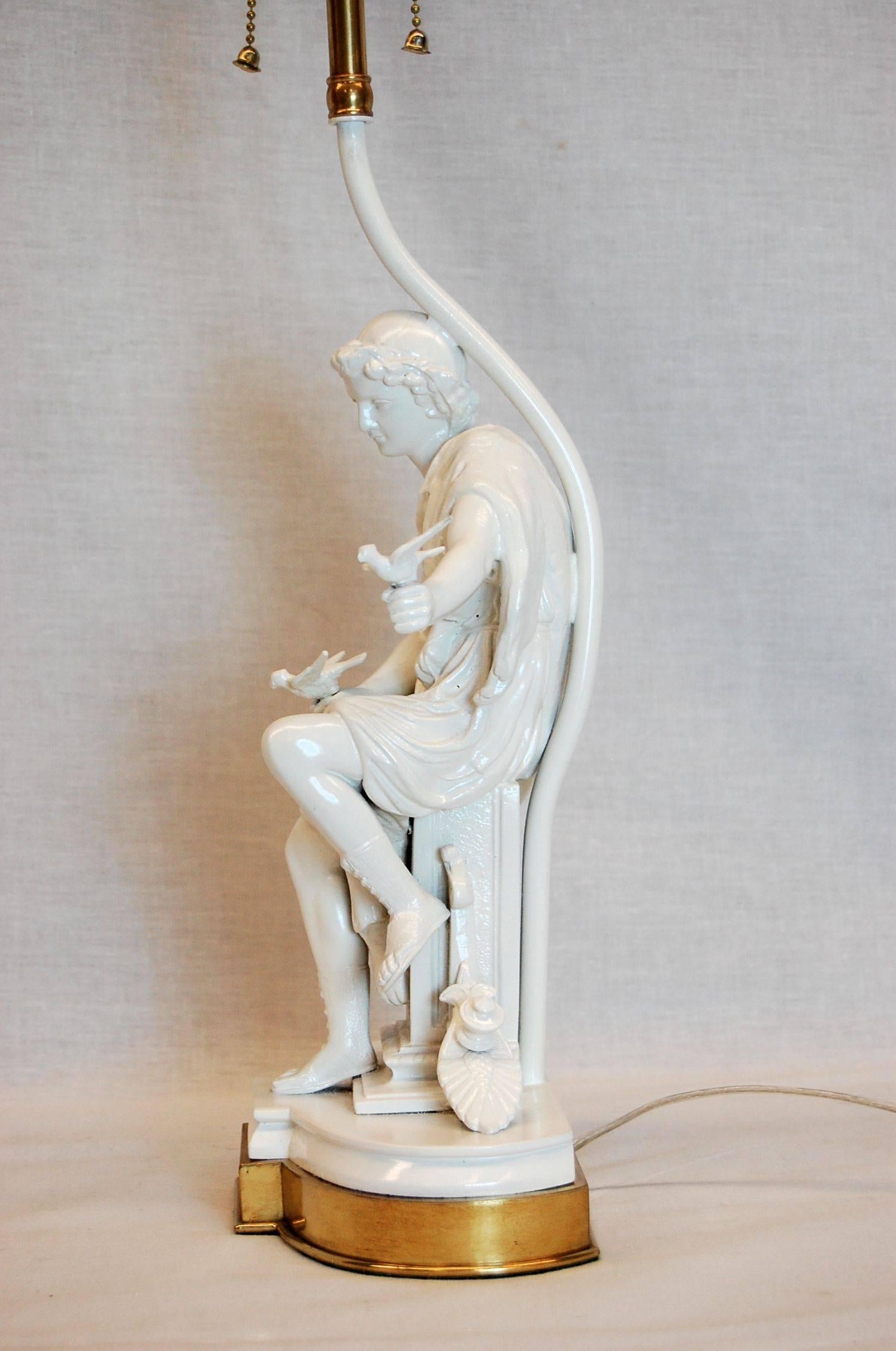 Lacquered Classical Greek Figure of a Male with Doves on Brass Base For Sale