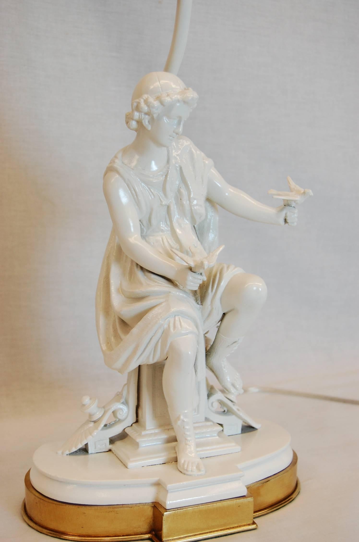 Classical Greek Figure of a Male with Doves on Brass Base In Excellent Condition For Sale In Pittsburgh, PA