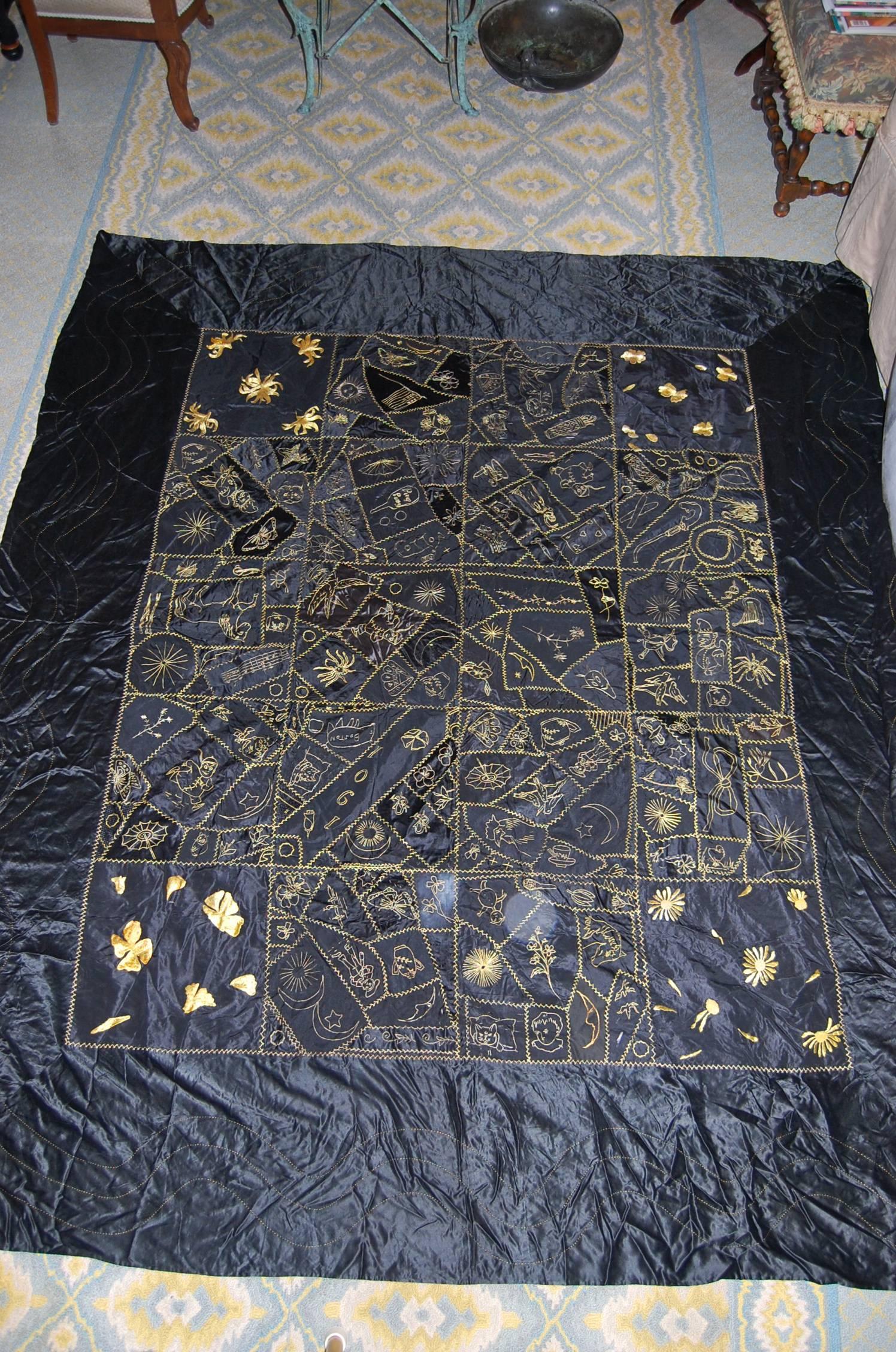 Hand-Crafted New England Silk Quilt with Gold Embroidery in Excellent Condition, 1901, Boston