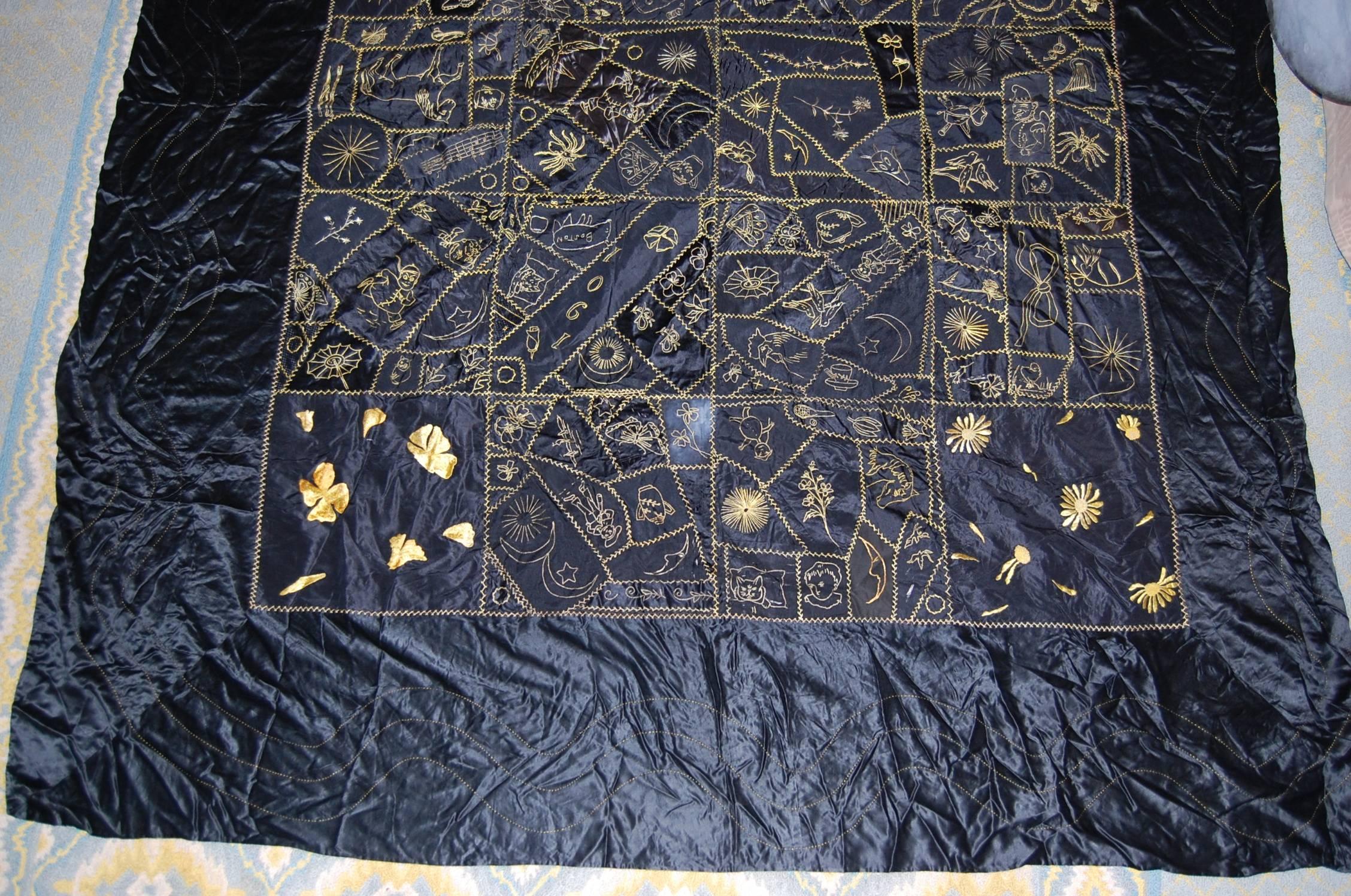Arts and Crafts New England Silk Quilt with Gold Embroidery in Excellent Condition, 1901, Boston