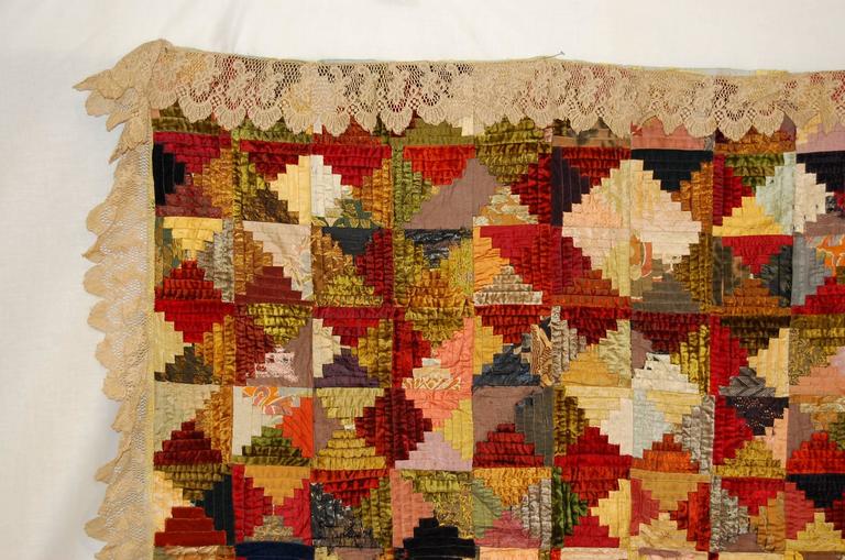 1930s American Log Cabin Pattern Cotton and Silk Quilt with Lace Trim