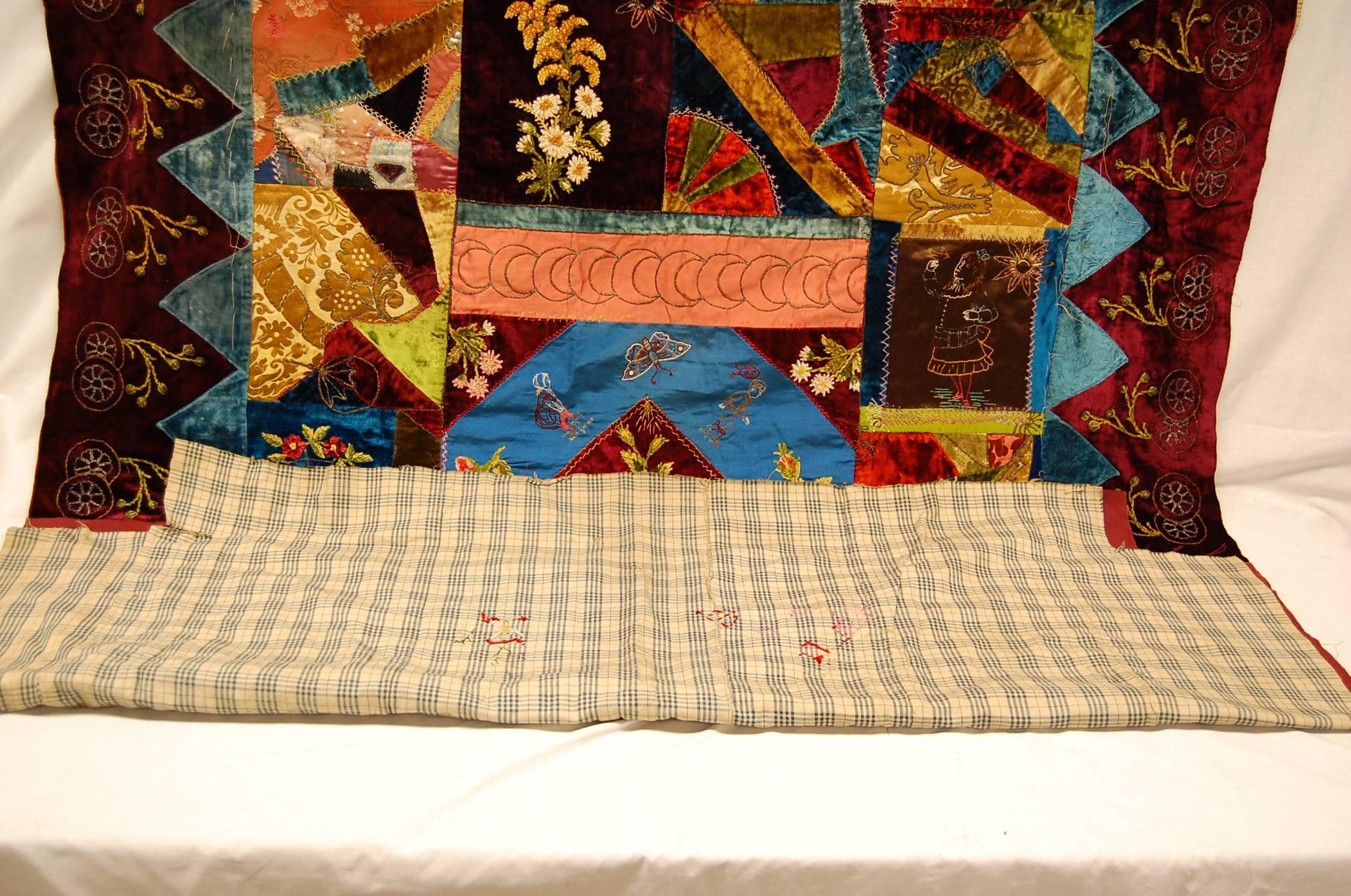 Silk Crazy Quilt Dated 1888, American In Excellent Condition In Pittsburgh, PA