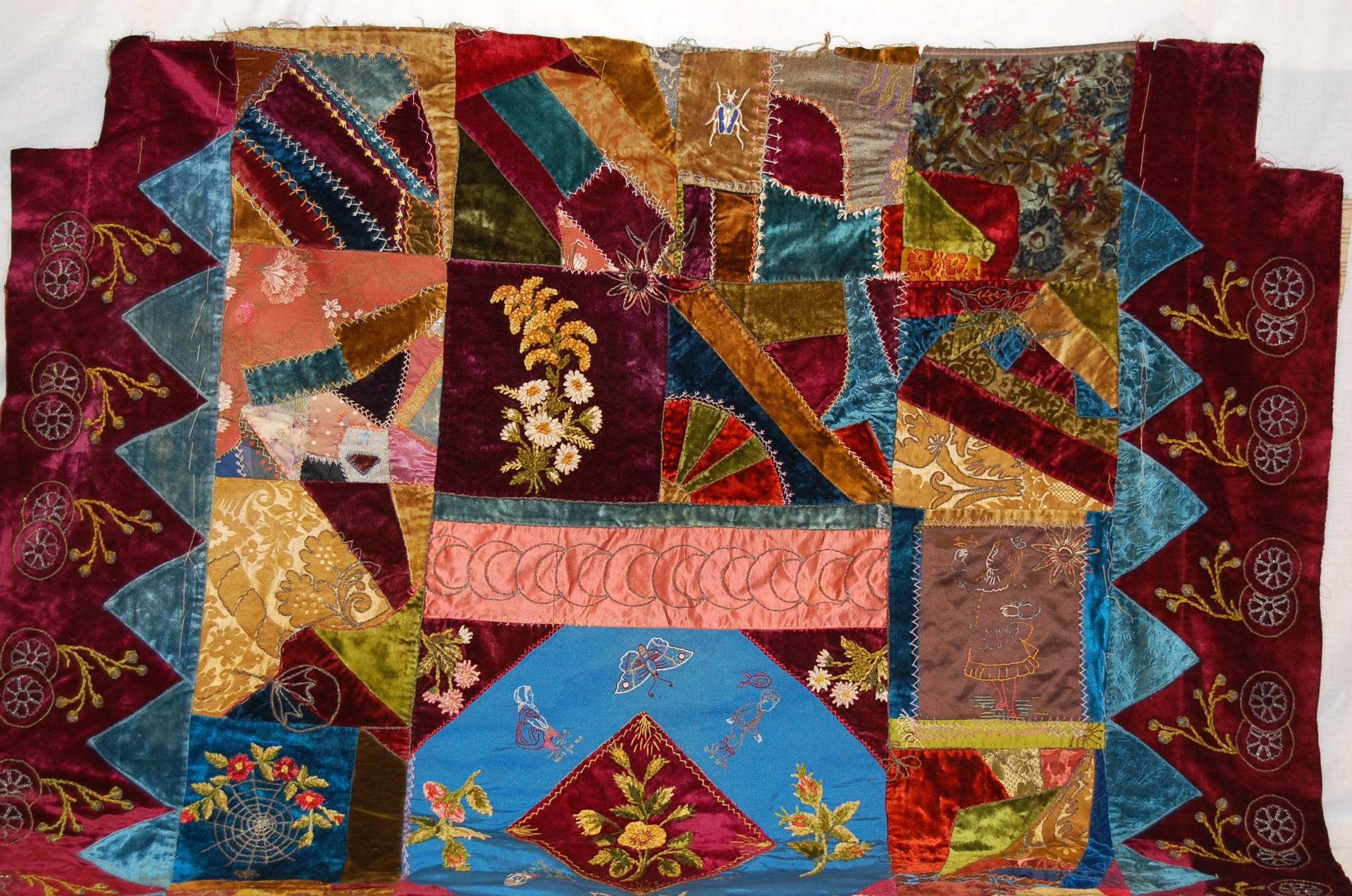Fantastic crazy quilt dated 1888, constructed of silk, silk damask and silk velvet. The condition of the goods is excellent with incredible bright colors and hand stitching. The edges do need to be finished.