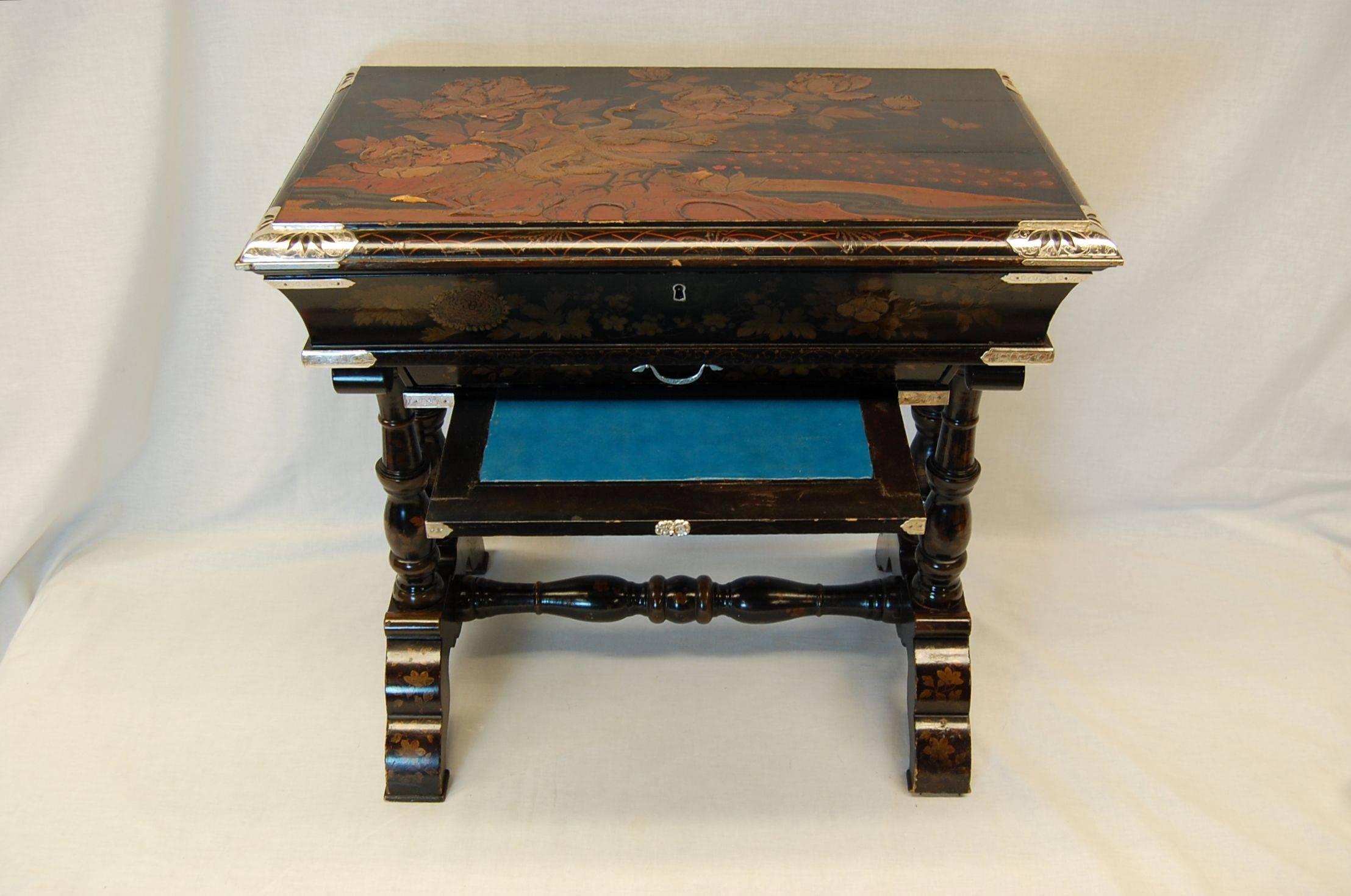 Japan-Lacquered Chinoiserie Scholars or Writing Table w/ Silver Mounts, C. 1860 In Excellent Condition In Pittsburgh, PA