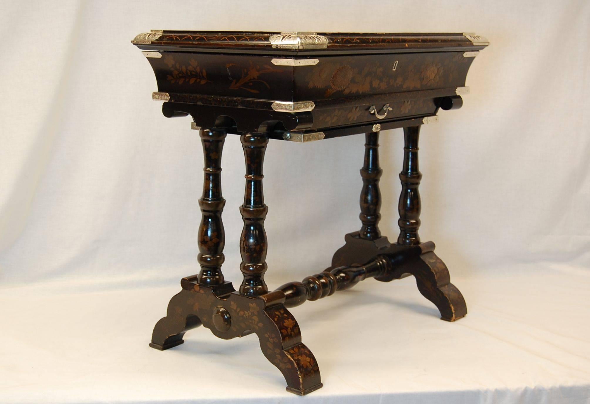 Early Victorian Japan-Lacquered Chinoiserie Scholars or Writing Table w/ Silver Mounts, C. 1860