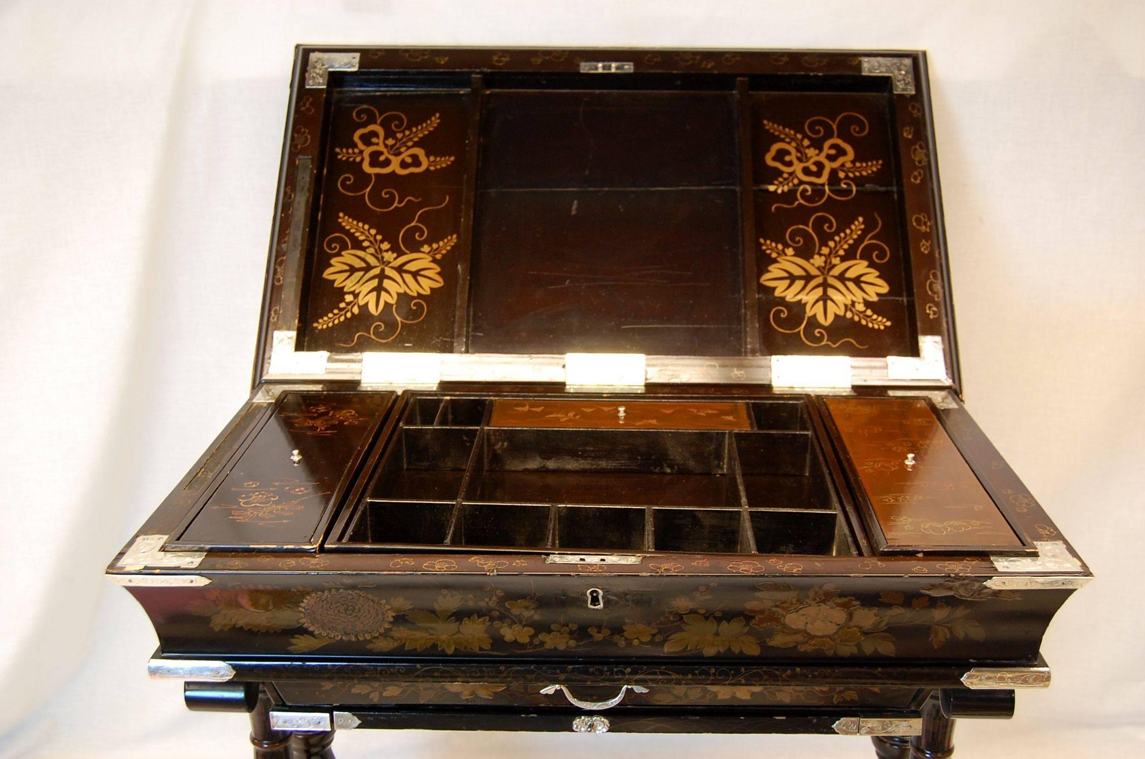 Japan-Lacquered Chinoiserie Scholars or Writing Table w/ Silver Mounts, C. 1860 1