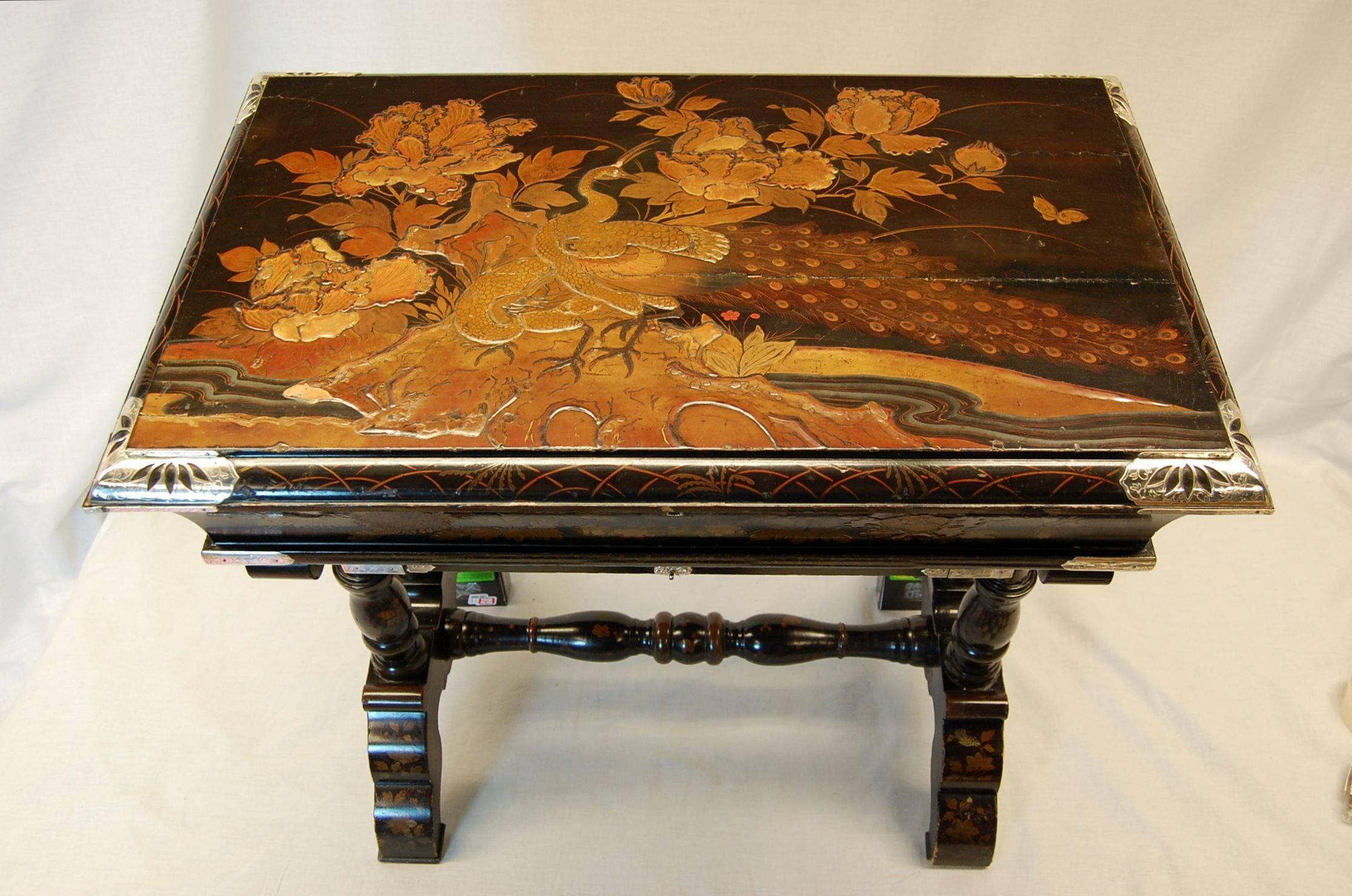 Japanese Japan-Lacquered Chinoiserie Scholars or Writing Table w/ Silver Mounts, C. 1860