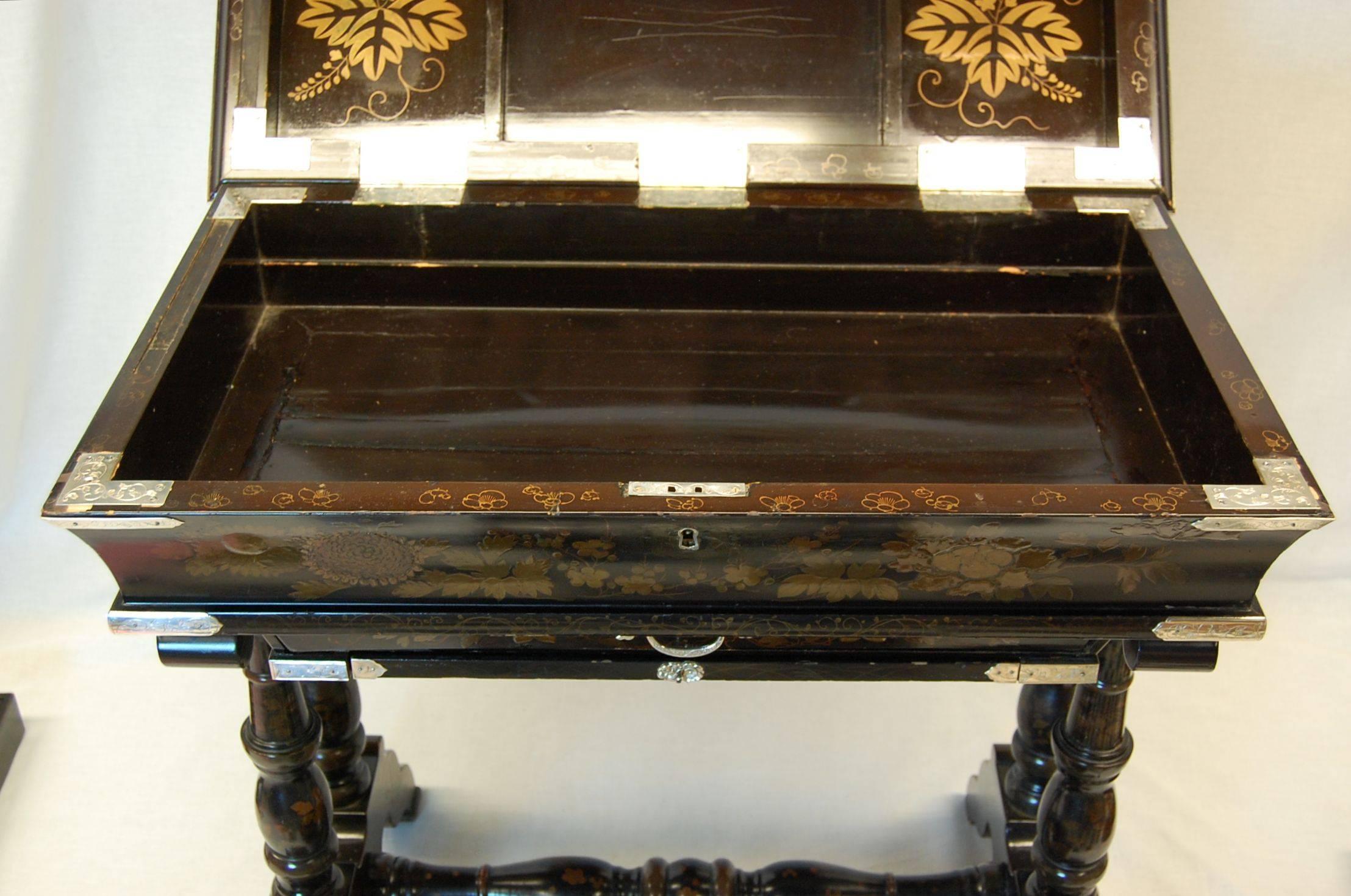 Japan-Lacquered Chinoiserie Scholars or Writing Table w/ Silver Mounts, C. 1860 3