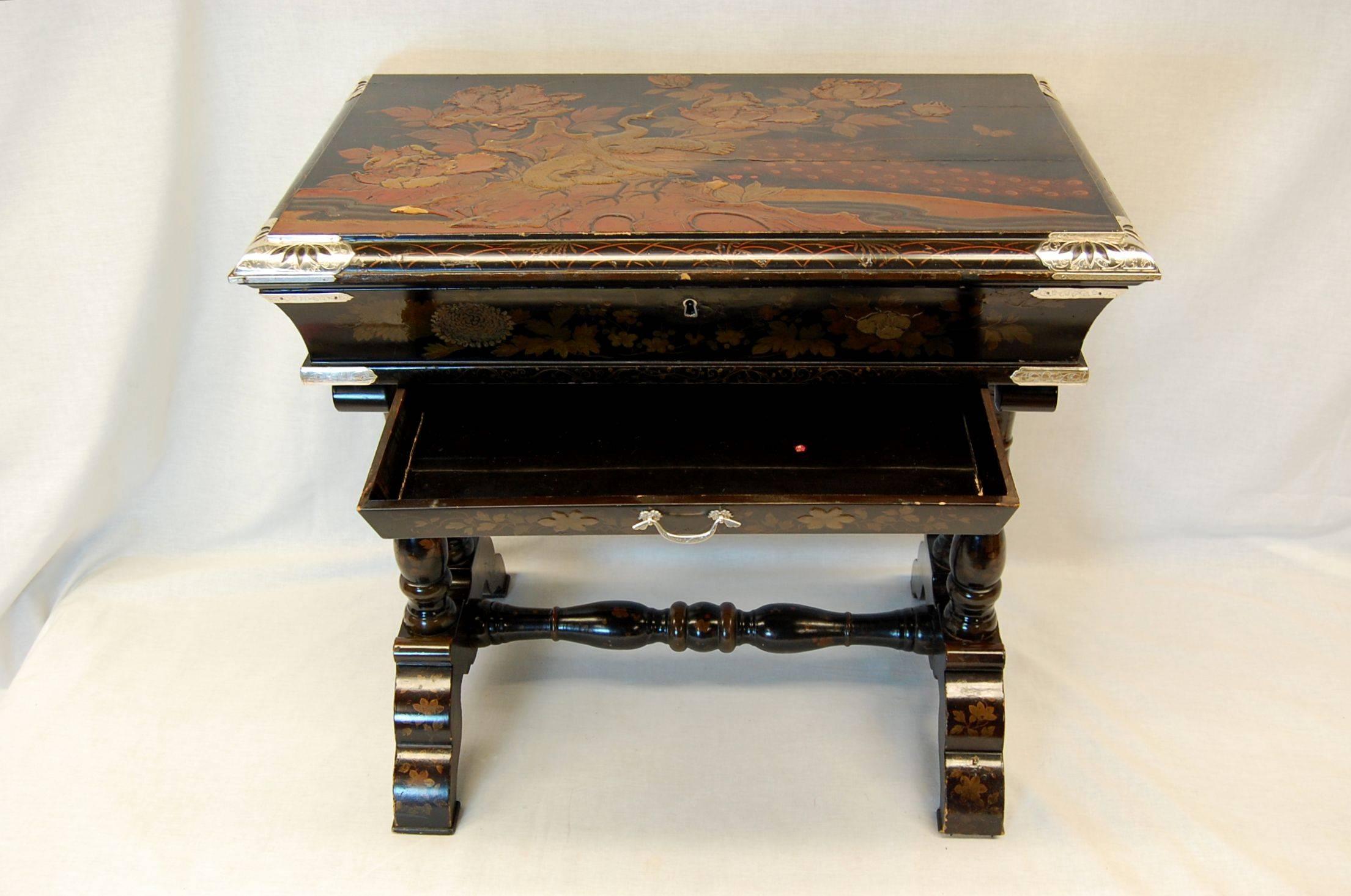 Mid-19th Century Japan-Lacquered Chinoiserie Scholars or Writing Table w/ Silver Mounts, C. 1860