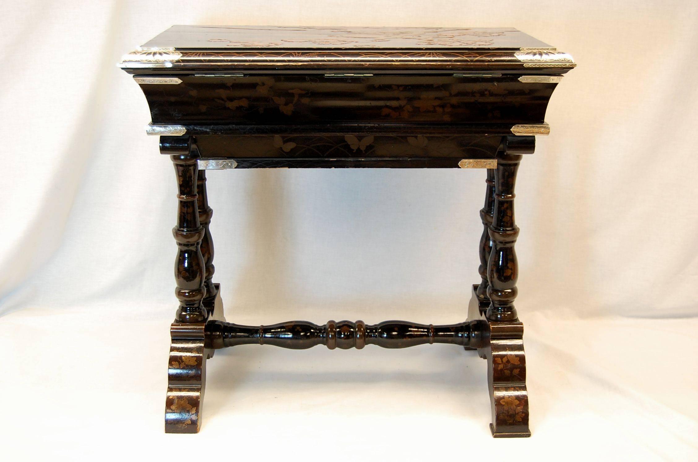 Japan-Lacquered Chinoiserie Scholars or Writing Table w/ Silver Mounts, C. 1860 4