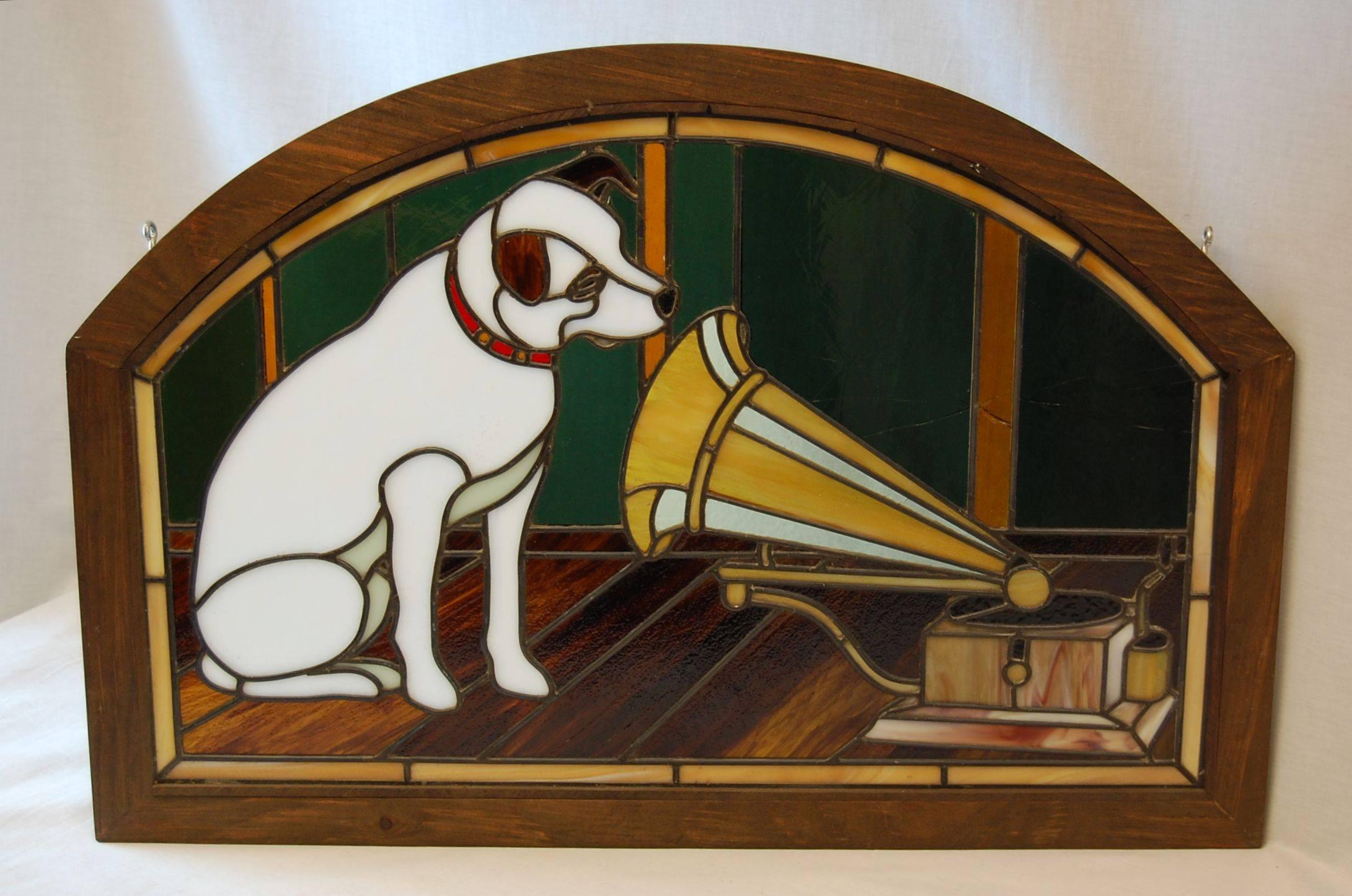 This image of Nipper became the trademark for RCA in 1929, this framed stained glass panel was probably made in the early 20th century.