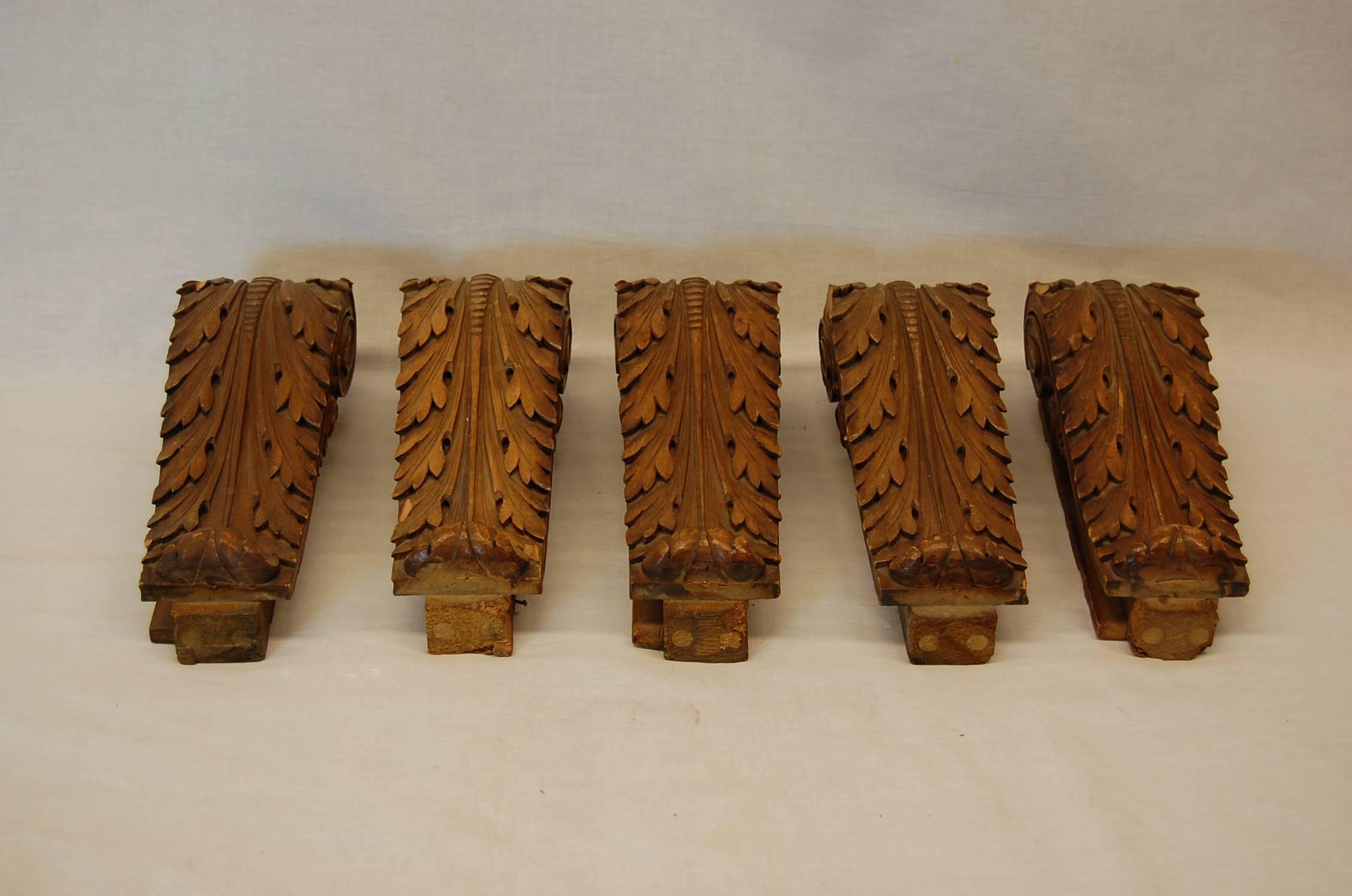 Edwardian Set of Five Beechwood Carved Brackets, circa 1920s