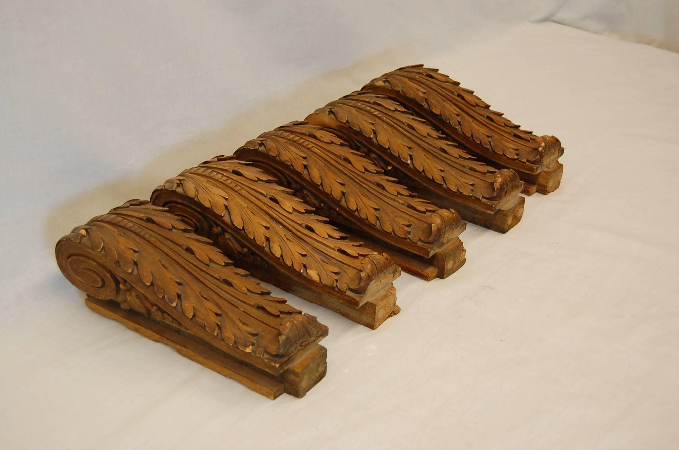 Unknown Set of Five Beechwood Carved Brackets, circa 1920s