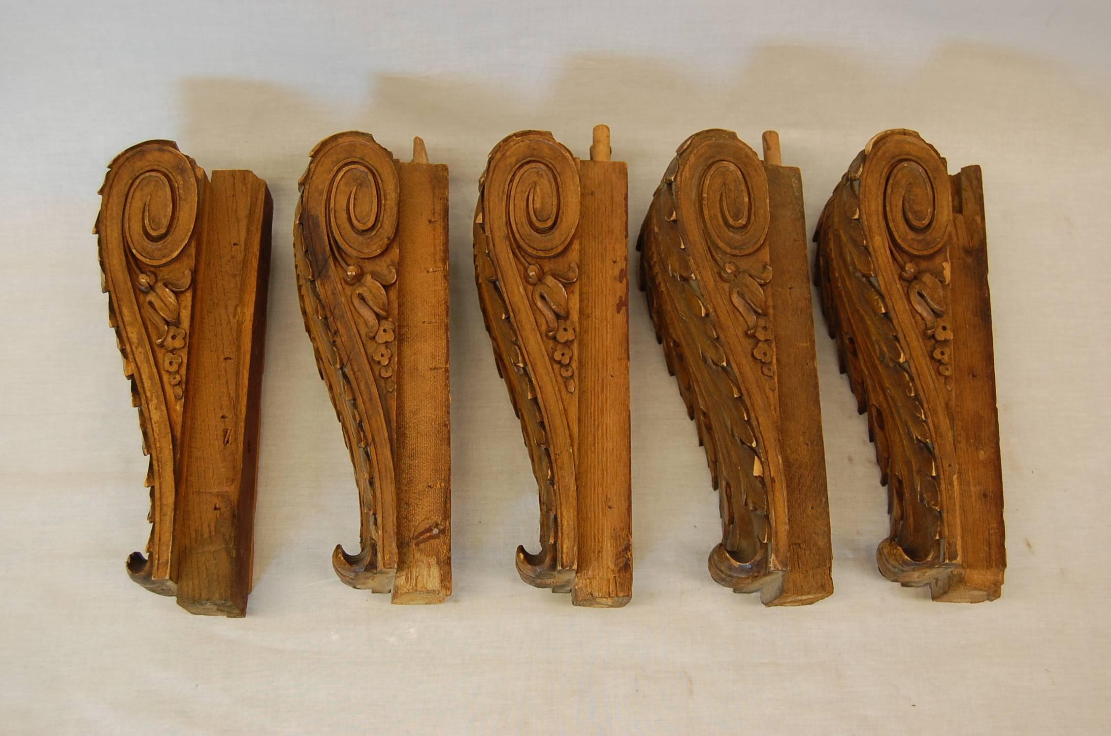 Set of Five Beechwood Carved Brackets, circa 1920s In Good Condition In Pittsburgh, PA