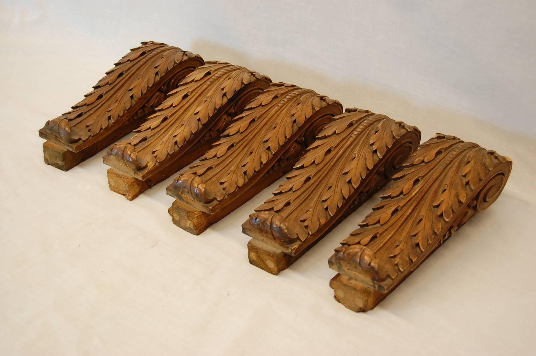 Hand-Carved Set of Five Beechwood Carved Brackets, circa 1920s