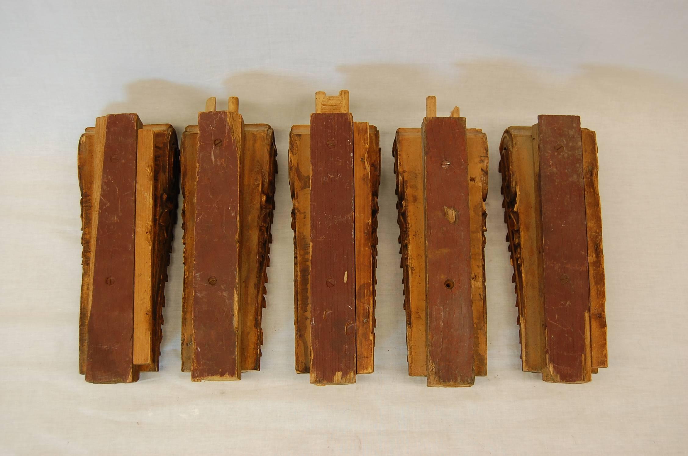 Set of Five Beechwood Carved Brackets, circa 1920s 1