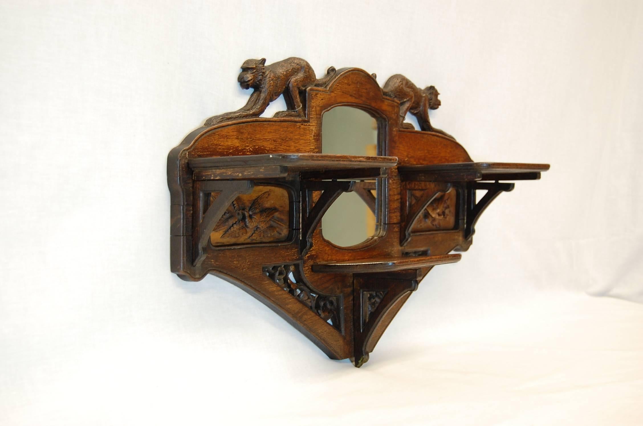 Black Forest Carved Oakwood Wall-Mounted Shaving Mirror with Flip-Up Shelves, circa 1890