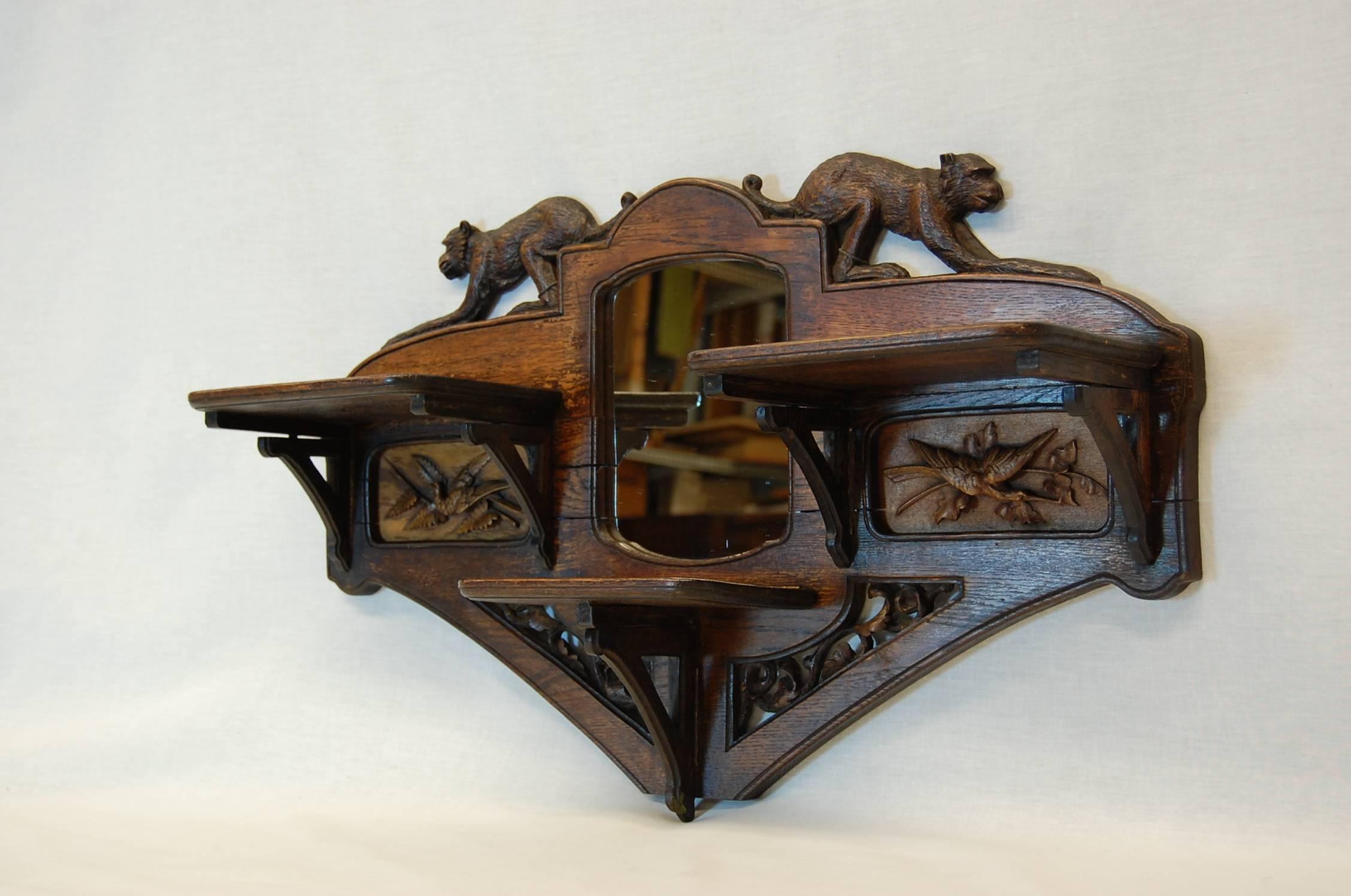 German Carved Oakwood Wall-Mounted Shaving Mirror with Flip-Up Shelves, circa 1890
