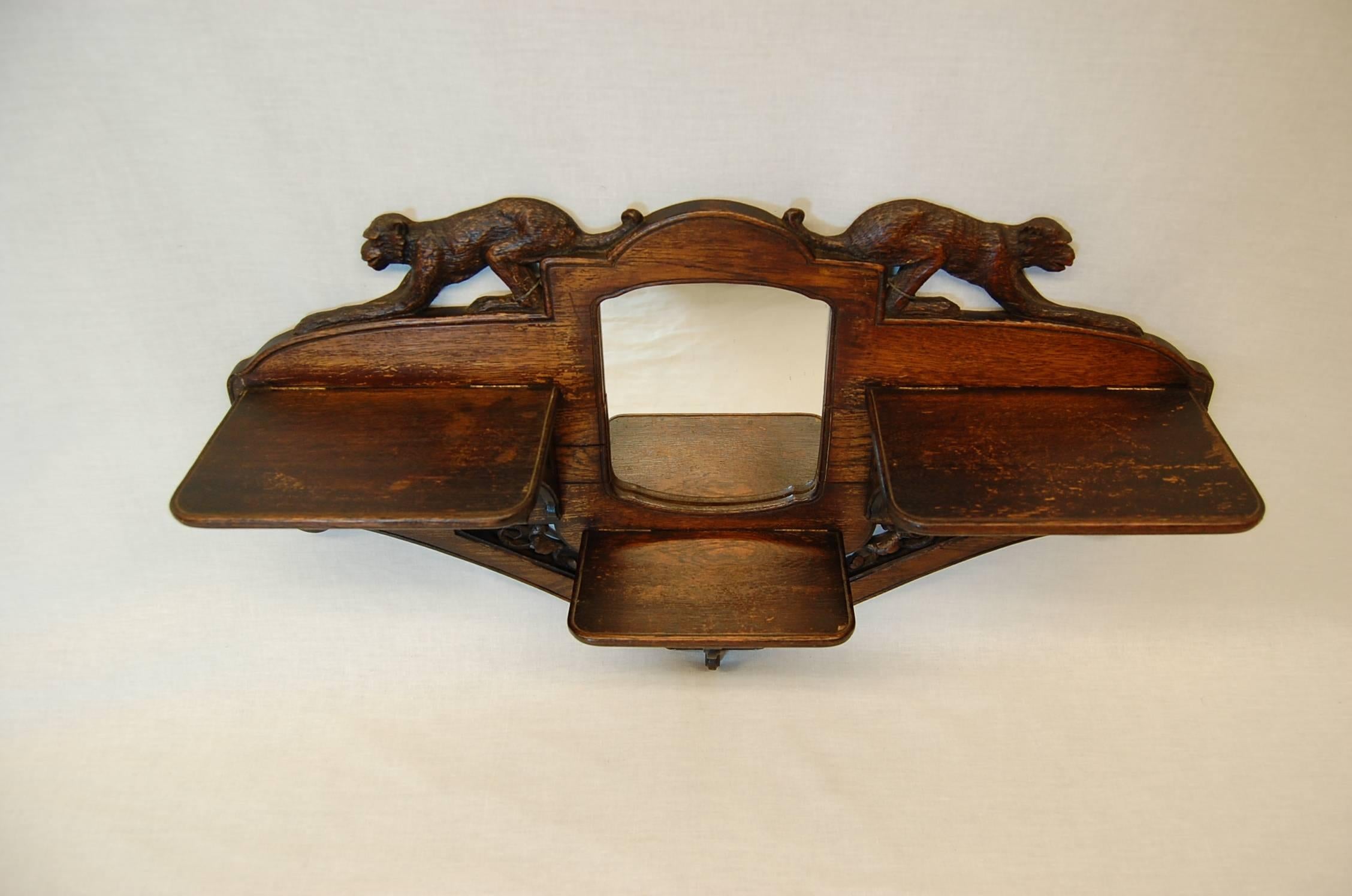 Wood Carved Oakwood Wall-Mounted Shaving Mirror with Flip-Up Shelves, circa 1890
