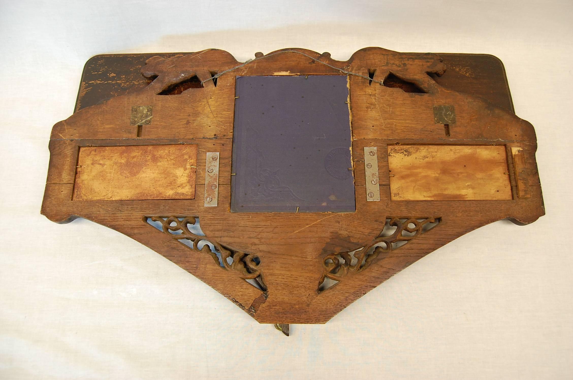 Hand-Carved Carved Oakwood Wall-Mounted Shaving Mirror with Flip-Up Shelves, circa 1890