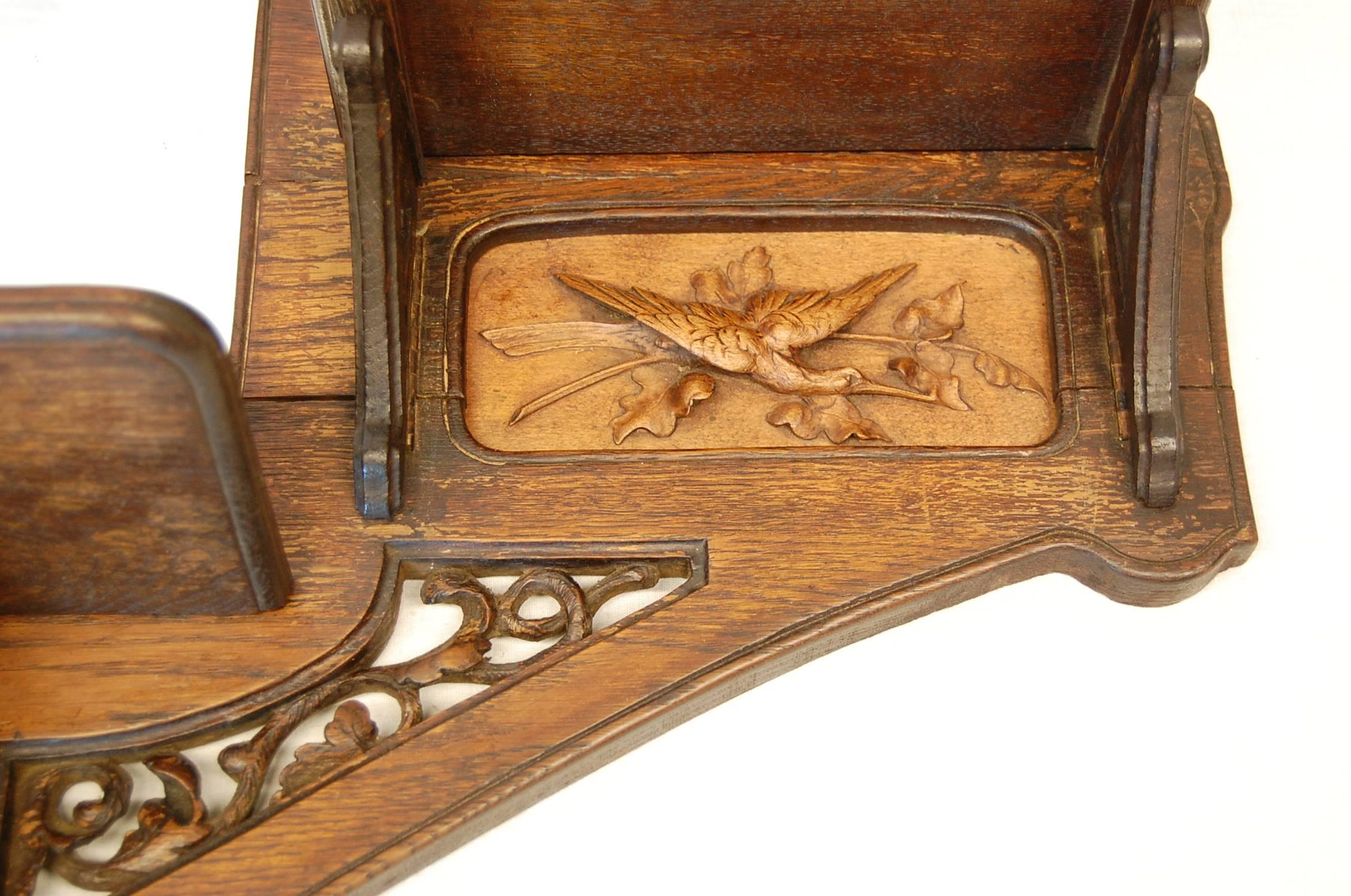Carved Oakwood Wall-Mounted Shaving Mirror with Flip-Up Shelves, circa 1890 In Excellent Condition In Pittsburgh, PA