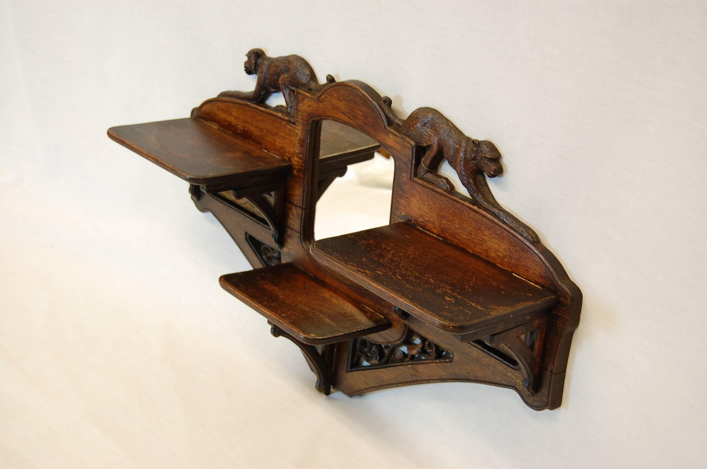 Late 19th Century Carved Oakwood Wall-Mounted Shaving Mirror with Flip-Up Shelves, circa 1890