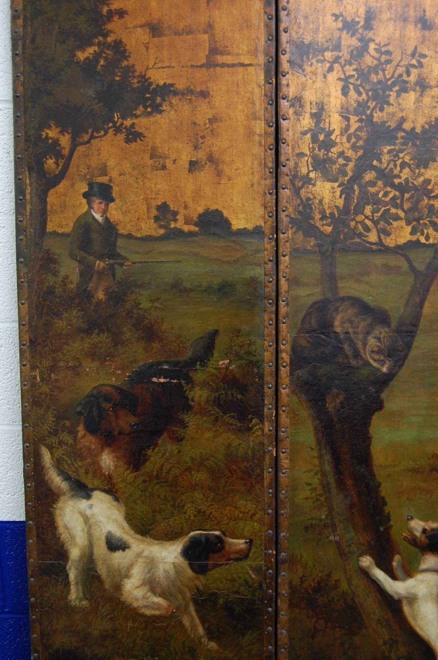 Hand-Painted 19th Century Painted Leather Five-Panel Folding Screen Signed RR Cole