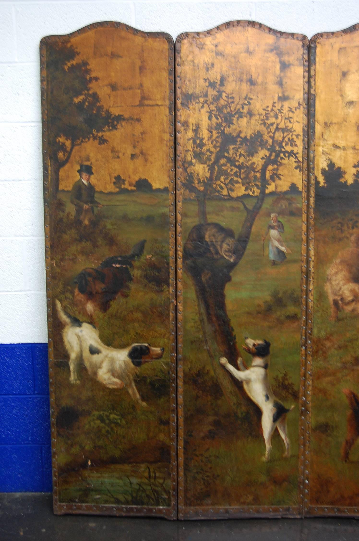 Beautiful five-panel leather painted folding screen of typical dog play in the early to mid-19th century. Signed RR Cole. The leather, hinges, etc. are all in very good condition.