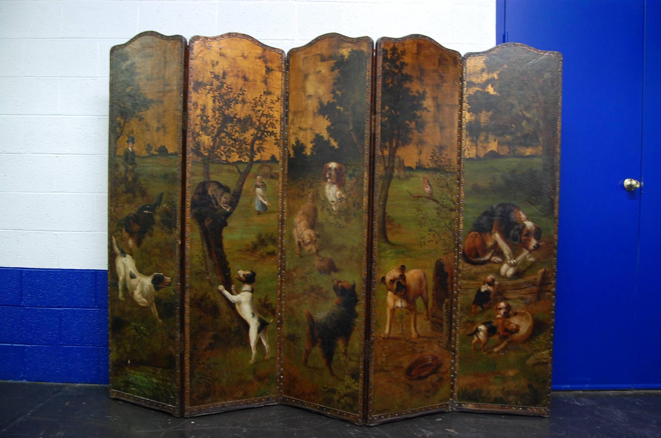 19th Century Painted Leather Five-Panel Folding Screen Signed RR Cole