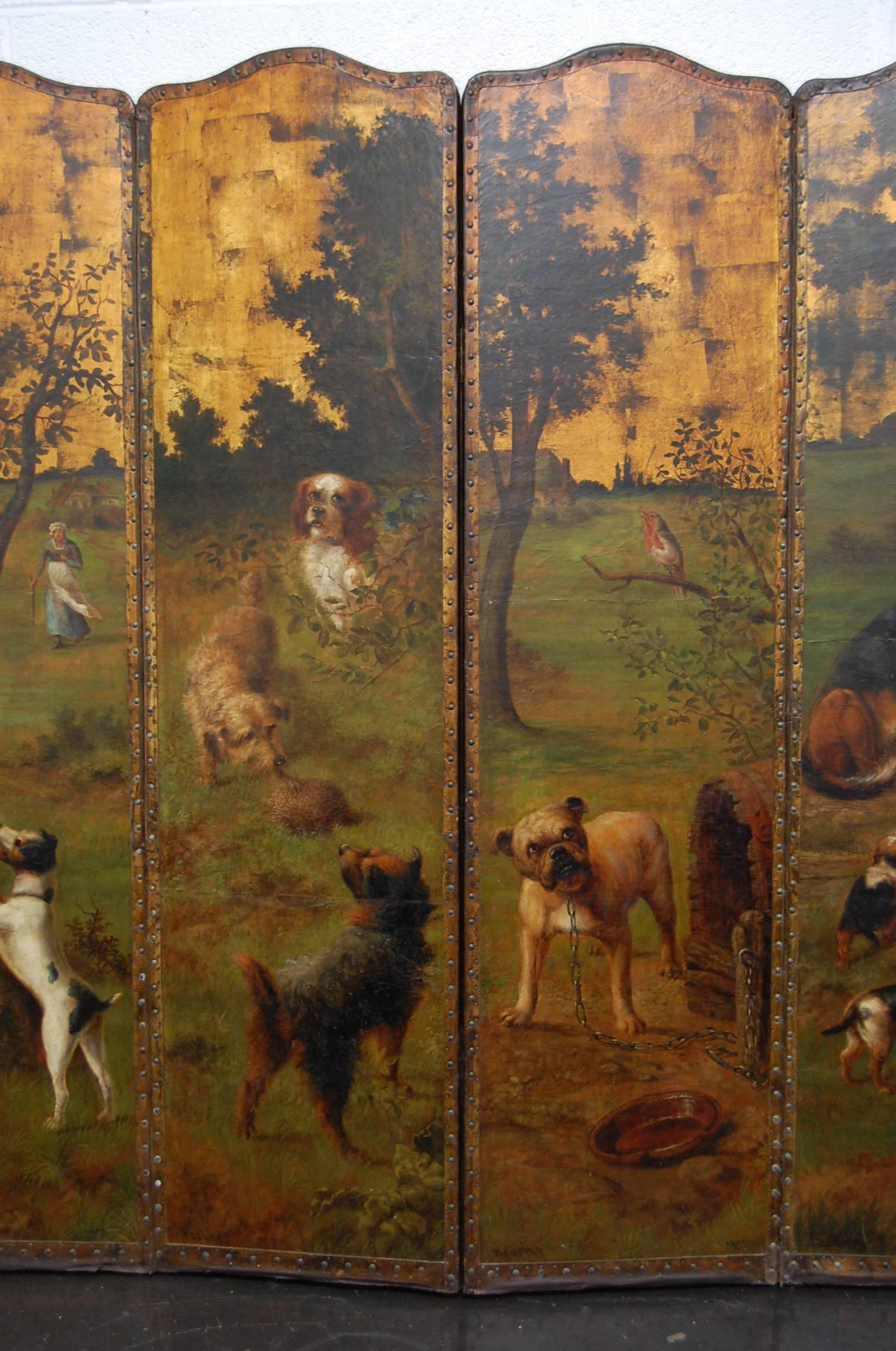 Early Victorian 19th Century Painted Leather Five-Panel Folding Screen Signed RR Cole