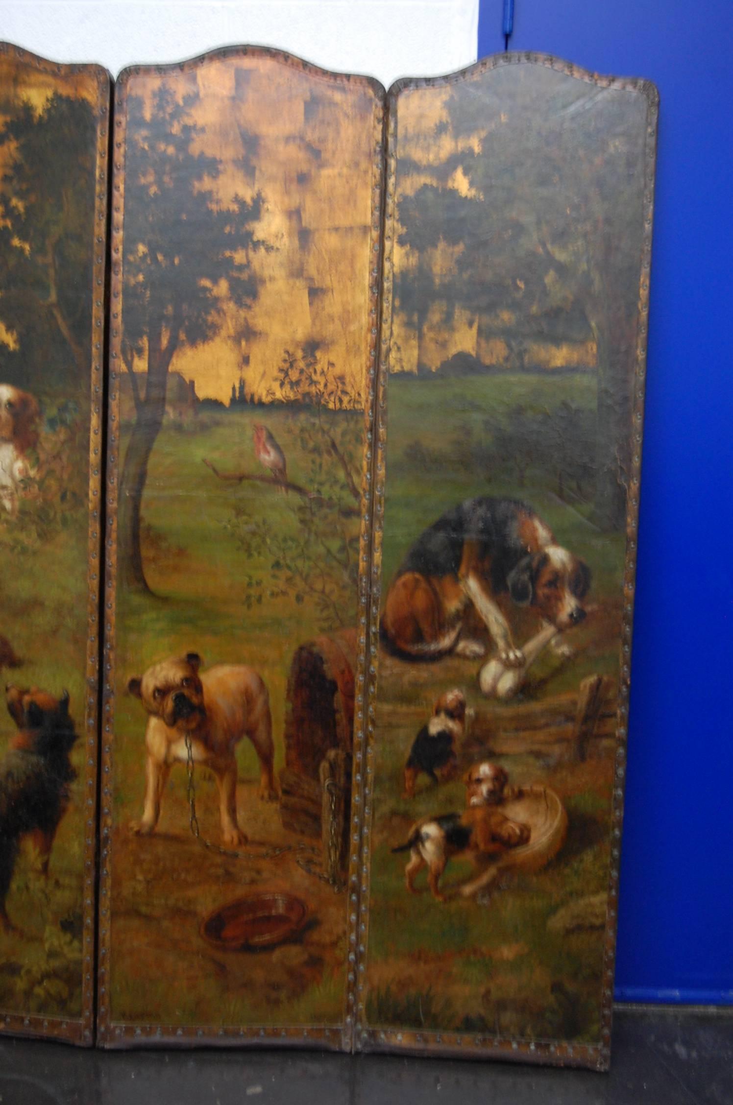 Unknown 19th Century Painted Leather Five-Panel Folding Screen Signed RR Cole