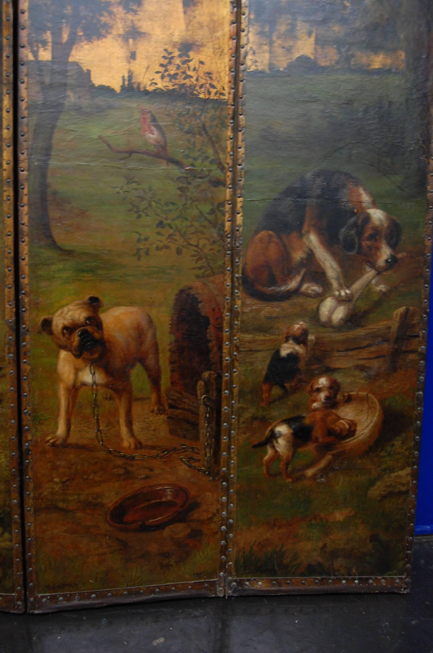 19th Century Painted Leather Five-Panel Folding Screen Signed RR Cole In Excellent Condition In Pittsburgh, PA