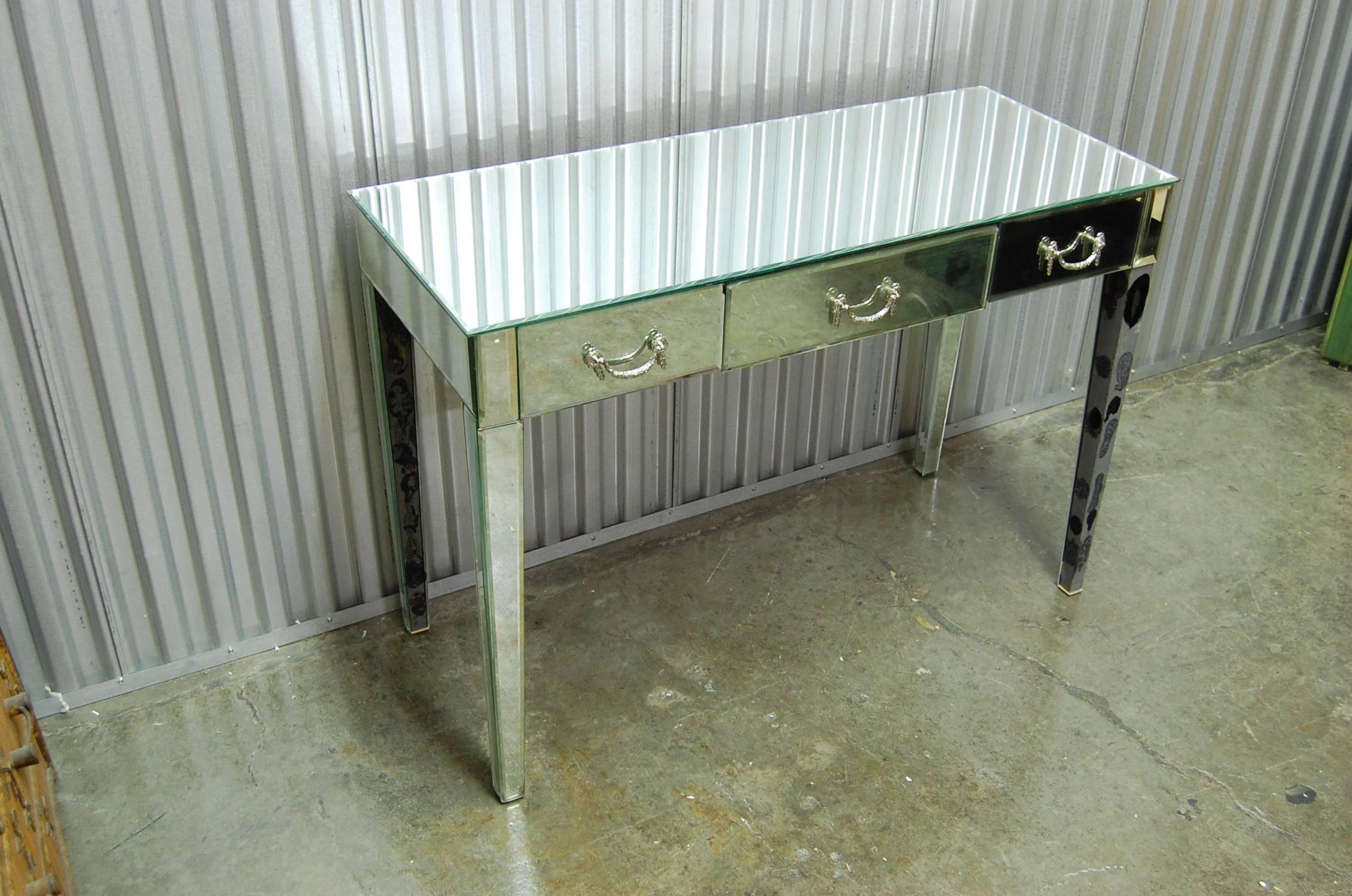 Art Deco Mid-Century Mirrored Writing Table with Three Drawers For Sale