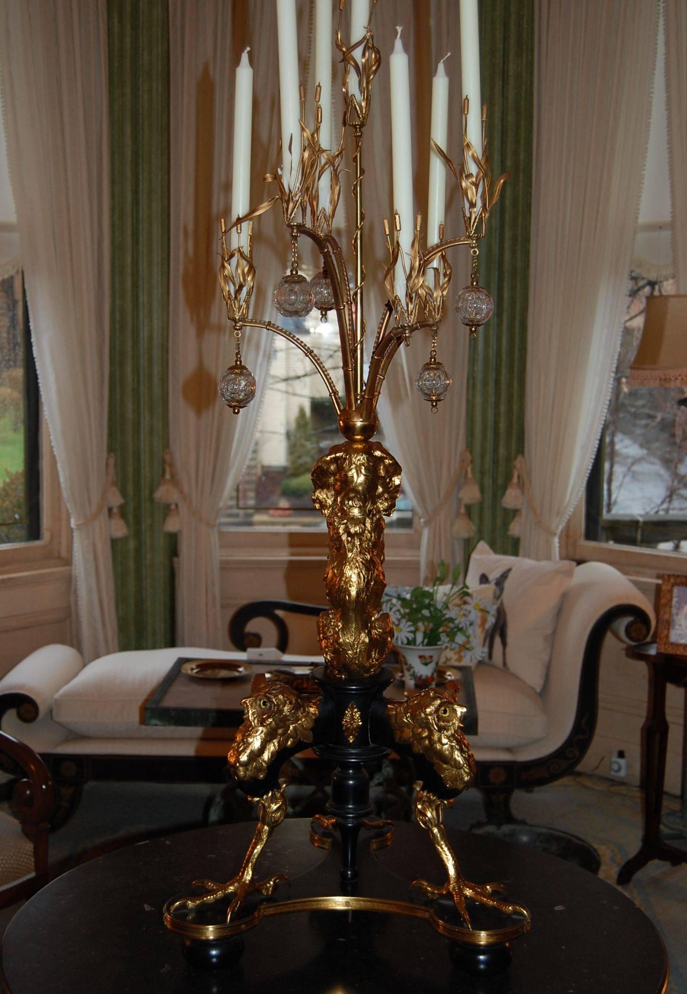 Regency Early 19th Century Large Gilt Brass and Wood Candelabra with Glass Balls For Sale