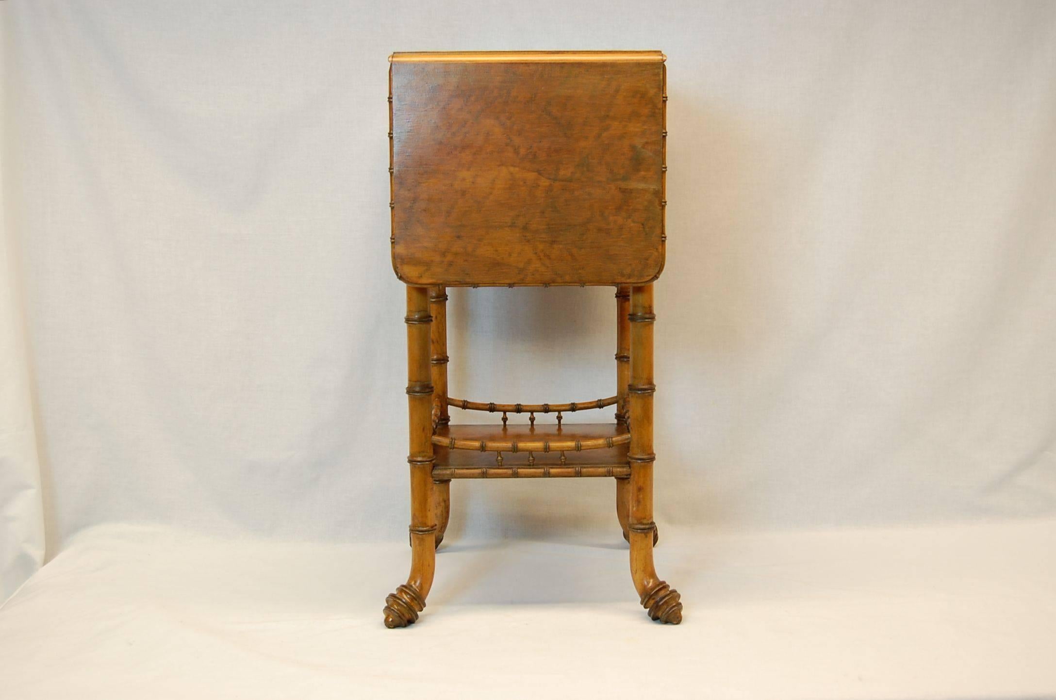 Early Victorian French Faux Wood and Bird's-Eye Maple Bamboo Drop-Leaf Table with Drawer