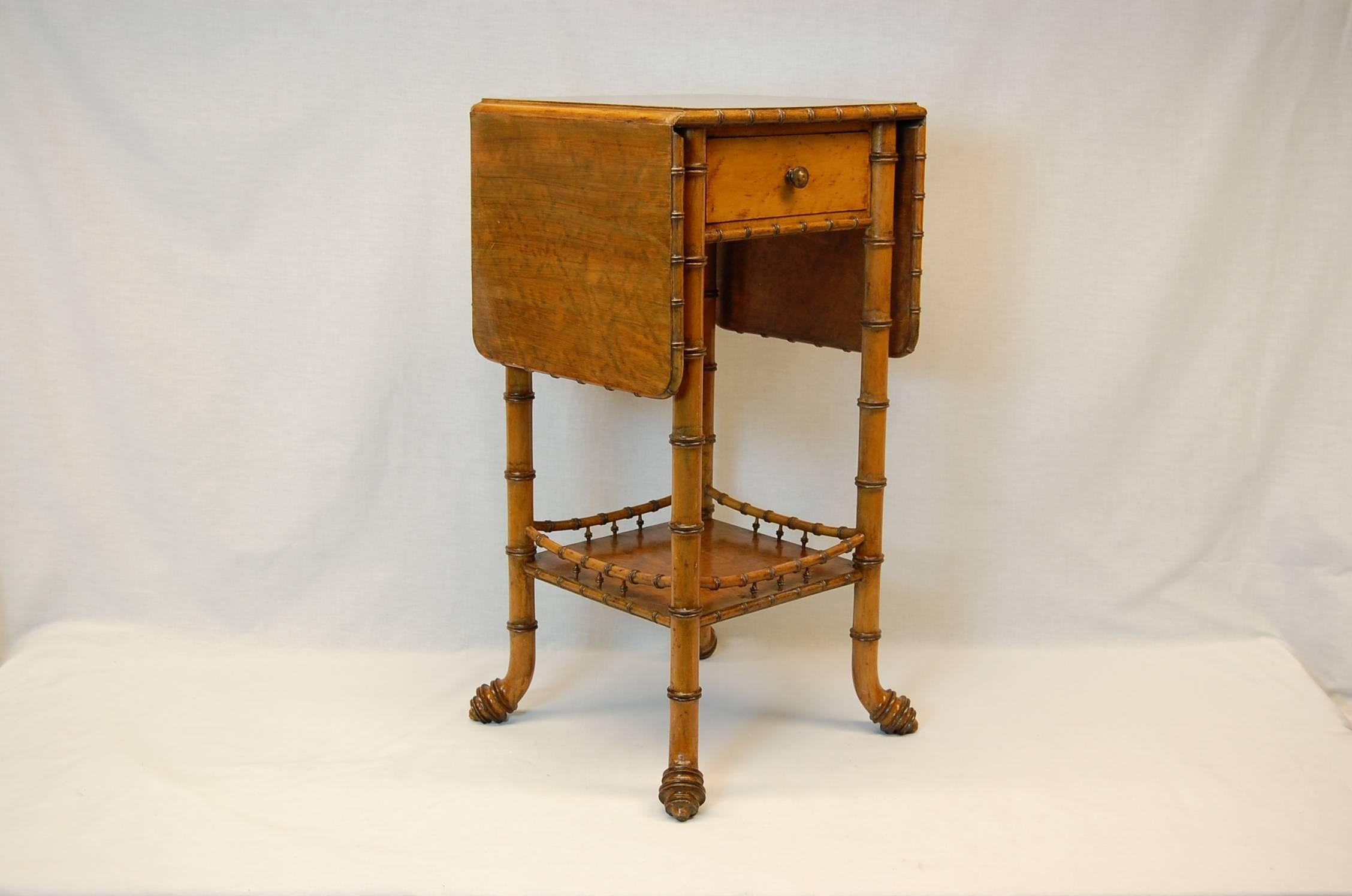 Late 19th Century French Faux Wood and Bird's-Eye Maple Bamboo Drop-Leaf Table with Drawer