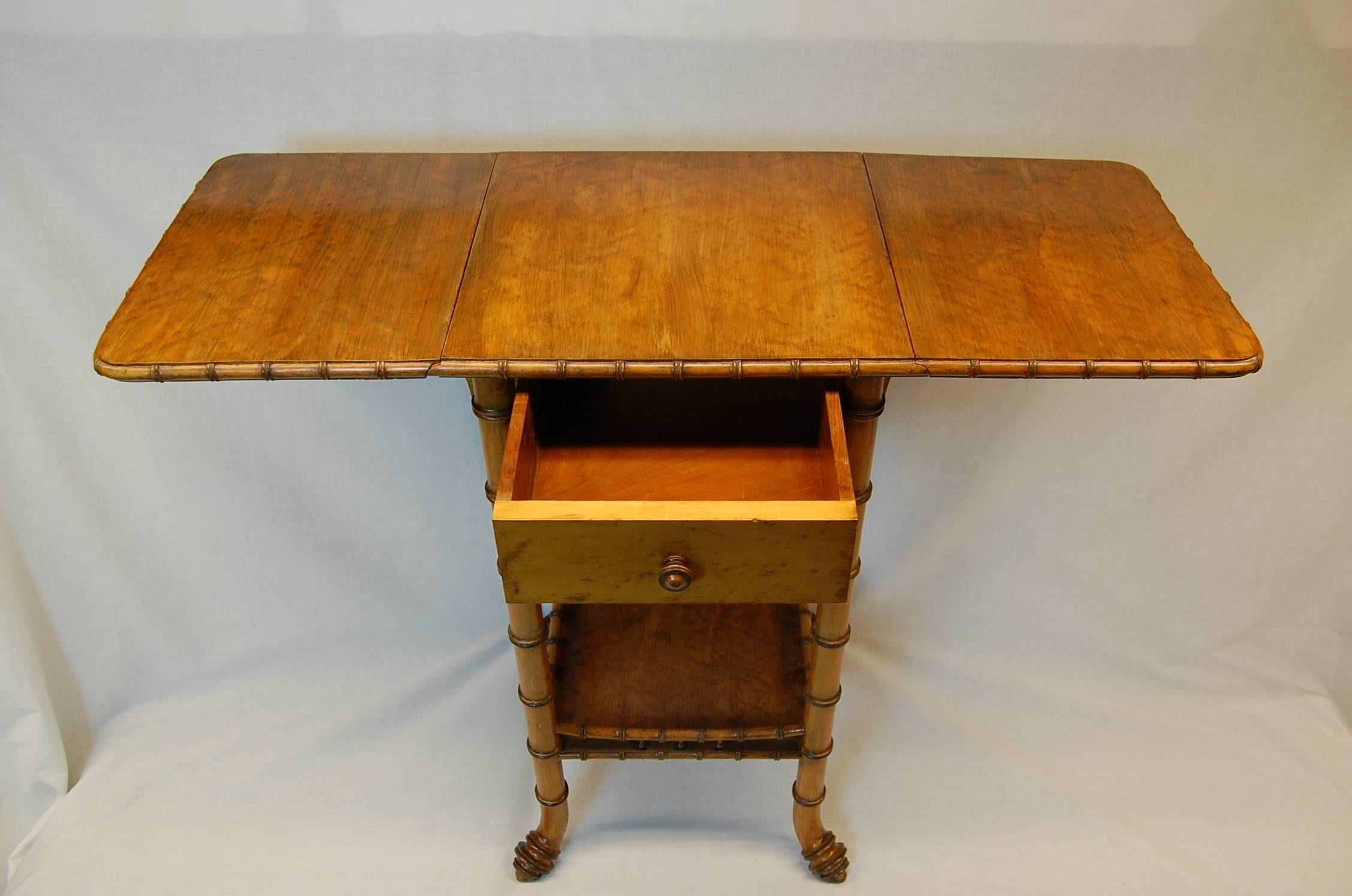 French Faux Wood and Bird's-Eye Maple Bamboo Drop-Leaf Table with Drawer 2