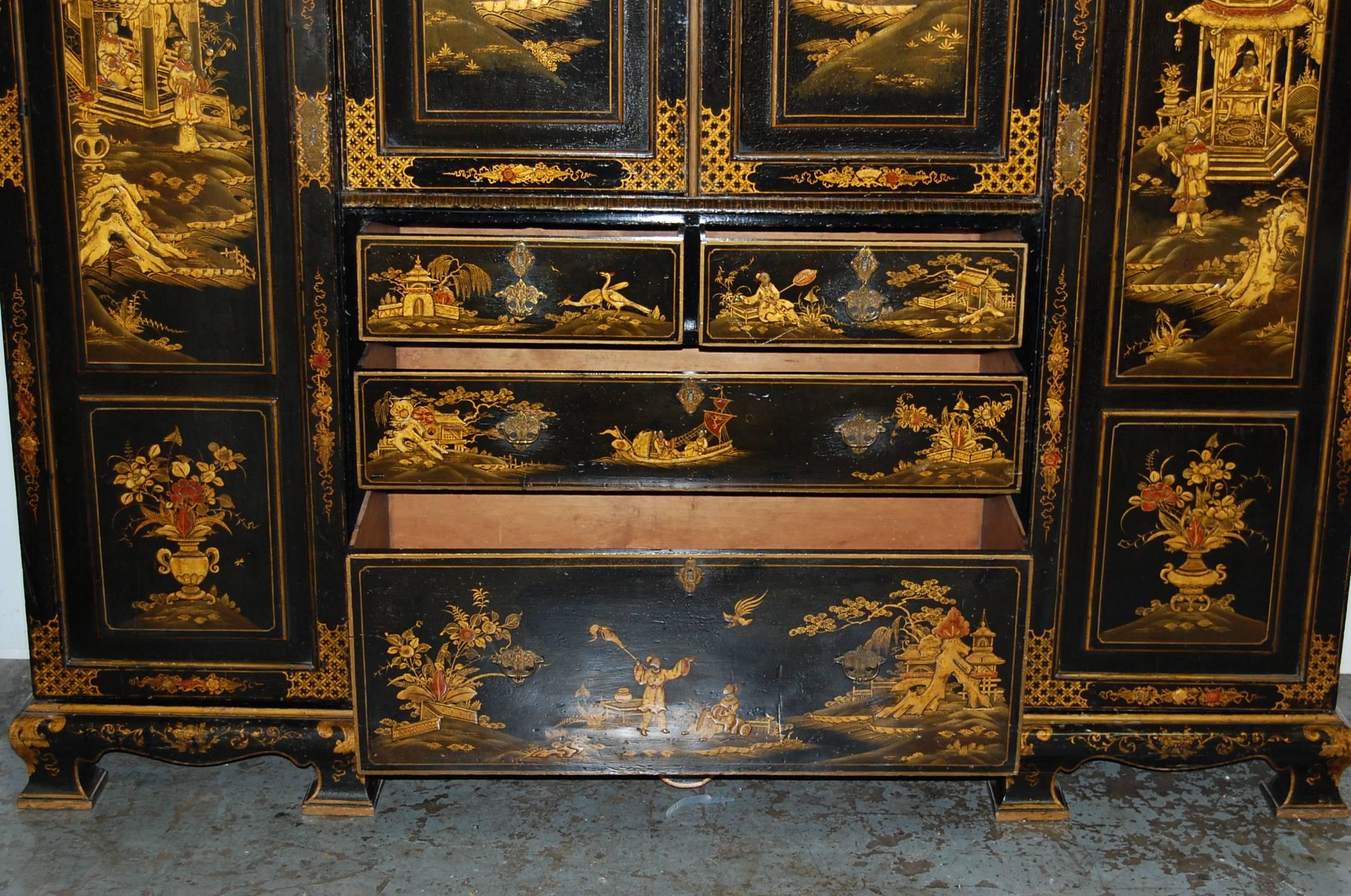 19th Century English Japanned Chinoiserie Wardrobe Cabinet 4